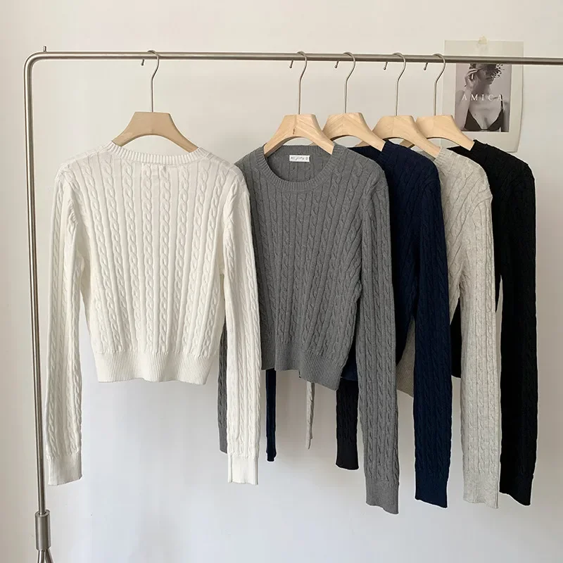 Women Pullover 2026 Autumn Winter Solid‑Color O-Neck Sweater Cable‑Knit Long Sleeve Knit Sweater Versatile Base Top
