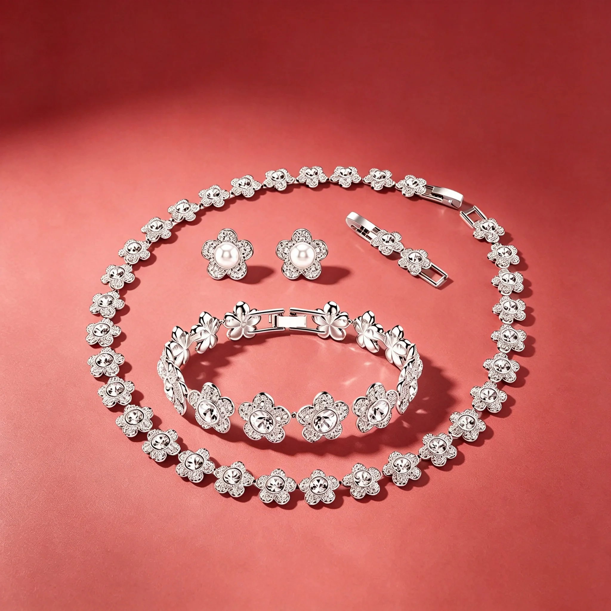 Flower Bundle Necklace White Crystal Fine Jewelry Earrings Bracelet Ring High Quality Shiny Exquisite Charm Christmas Party Gift