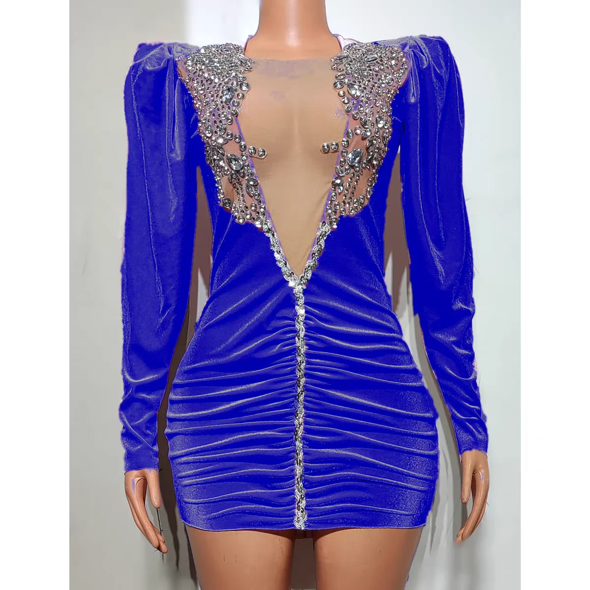 Falda corta de manga larga con tachuelas de diamantes para mujer, traje Sexy para club nocturno, DJ, Bar, cantante, equipo de baile, actuación, fiesta temática