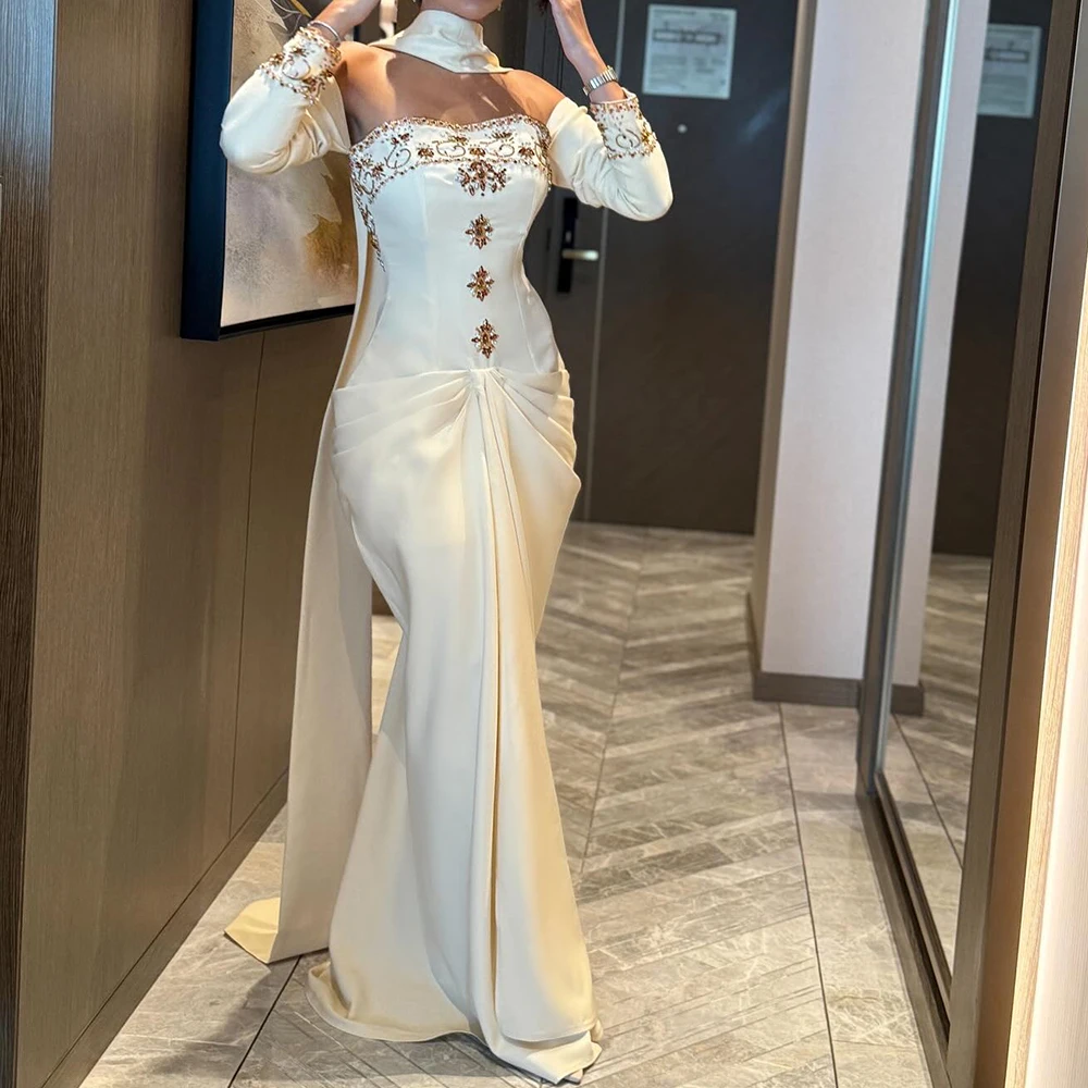 

Customized A-line Evening Dresses Floor-length Strapless Full Sleeve Prom Gown Fashion Crystal Pleat Backless Draped Party Gown