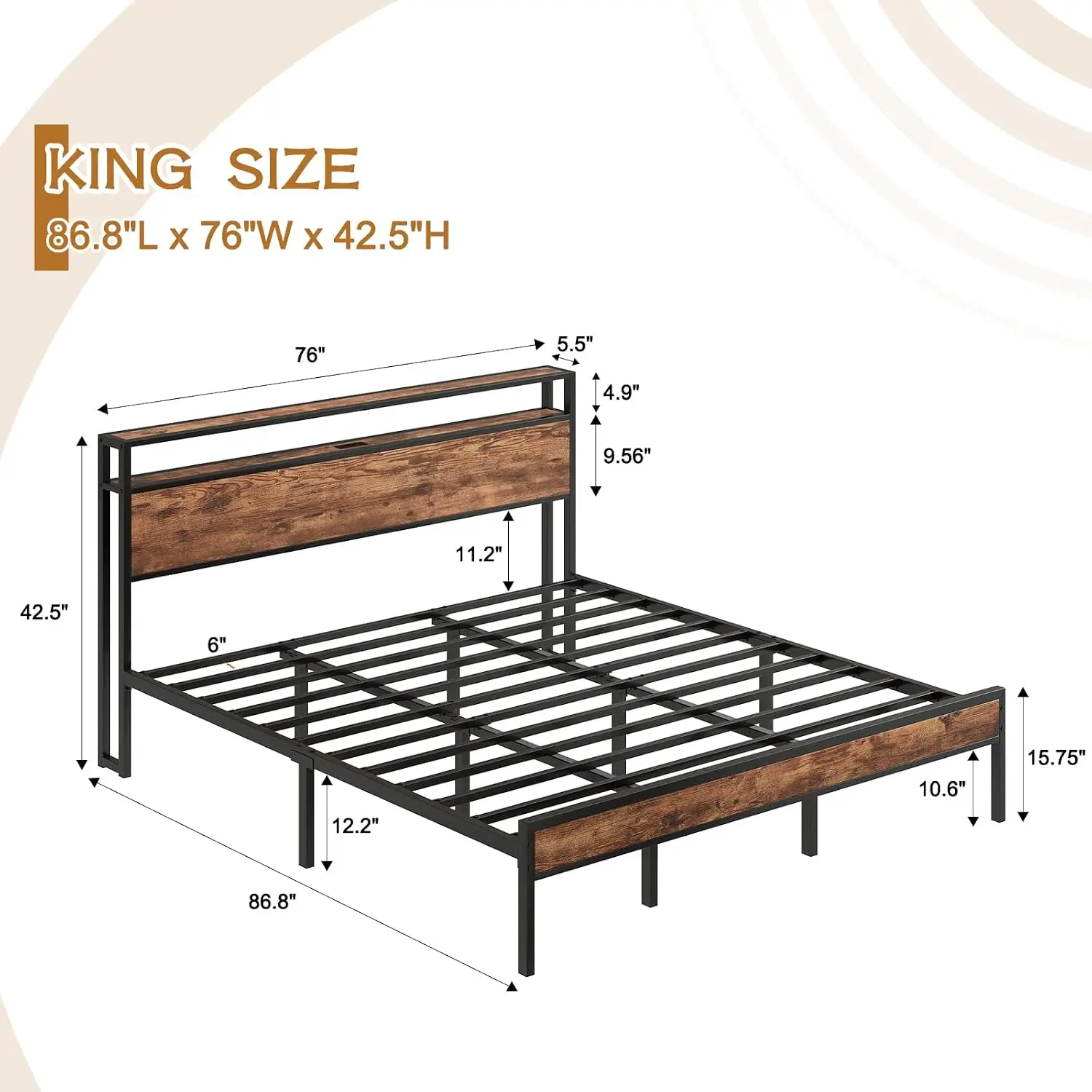 King Size Bed Frame With USB Charging Station & Storage Headboard, Modern Metal Platform Bed With Large Under Bed, Customized