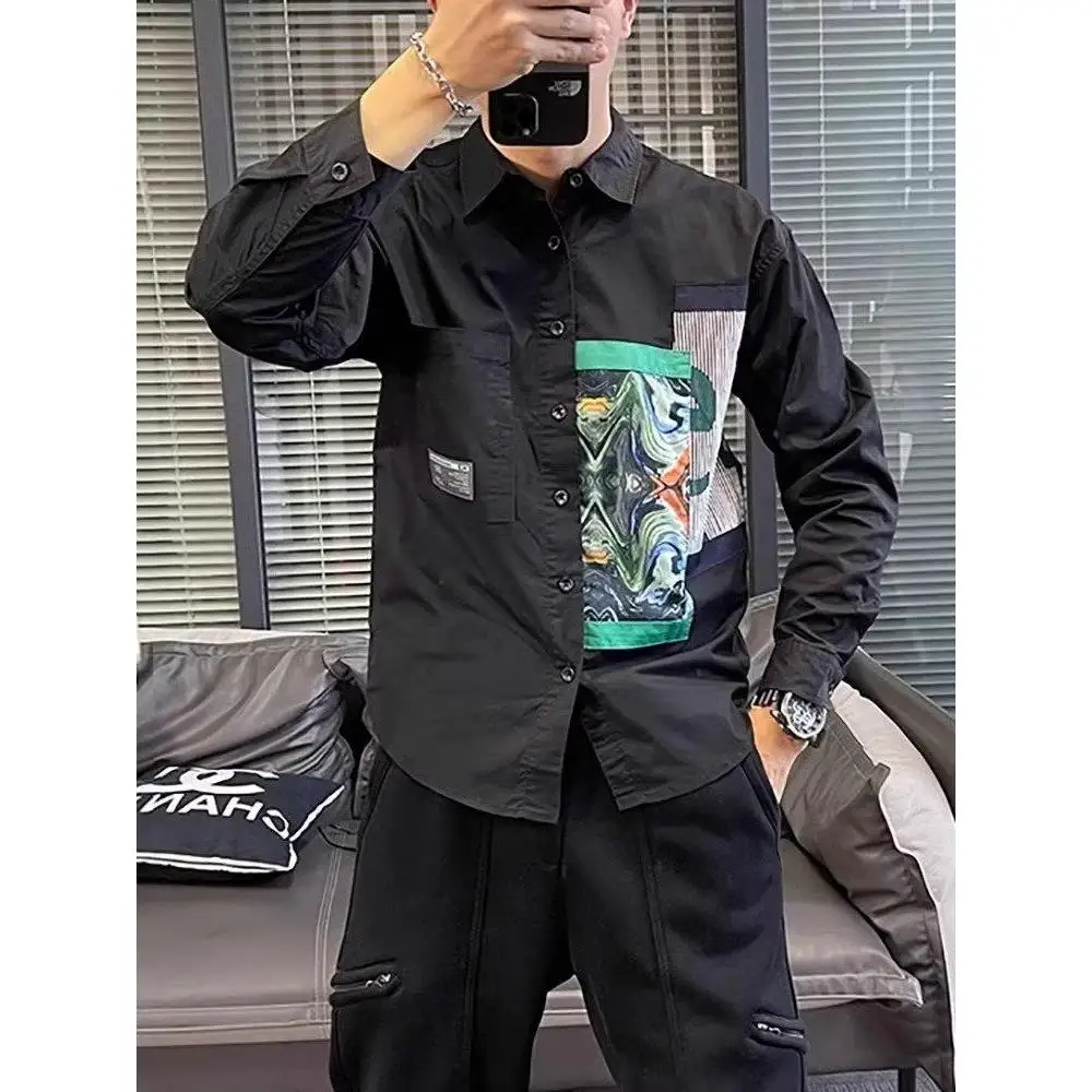 Fashionable Large Size Men's Shirt Spring New Style Trendy Patchwork Long Sleeve Turn-down Collar Loose Casual Shirt