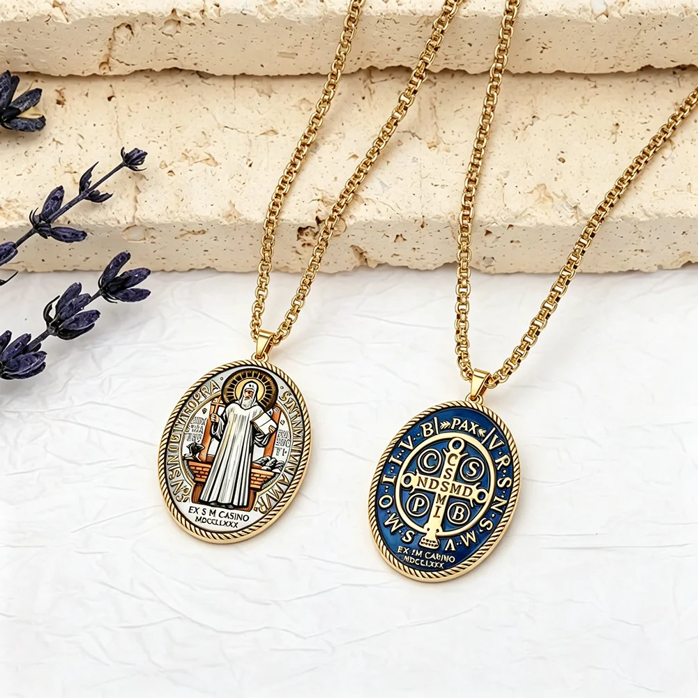 Catholic Christian Saint Benedict Medal Pendant Necklace for Women Men Stainless Steel Protection Religious Jewelry Gifts