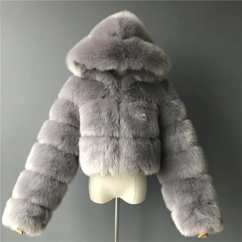 Classical Women Fur Coats Hooded Zipper Short Style Windproof Thick Warm Winter Lady Outerwear Solid Color High Quality Tops