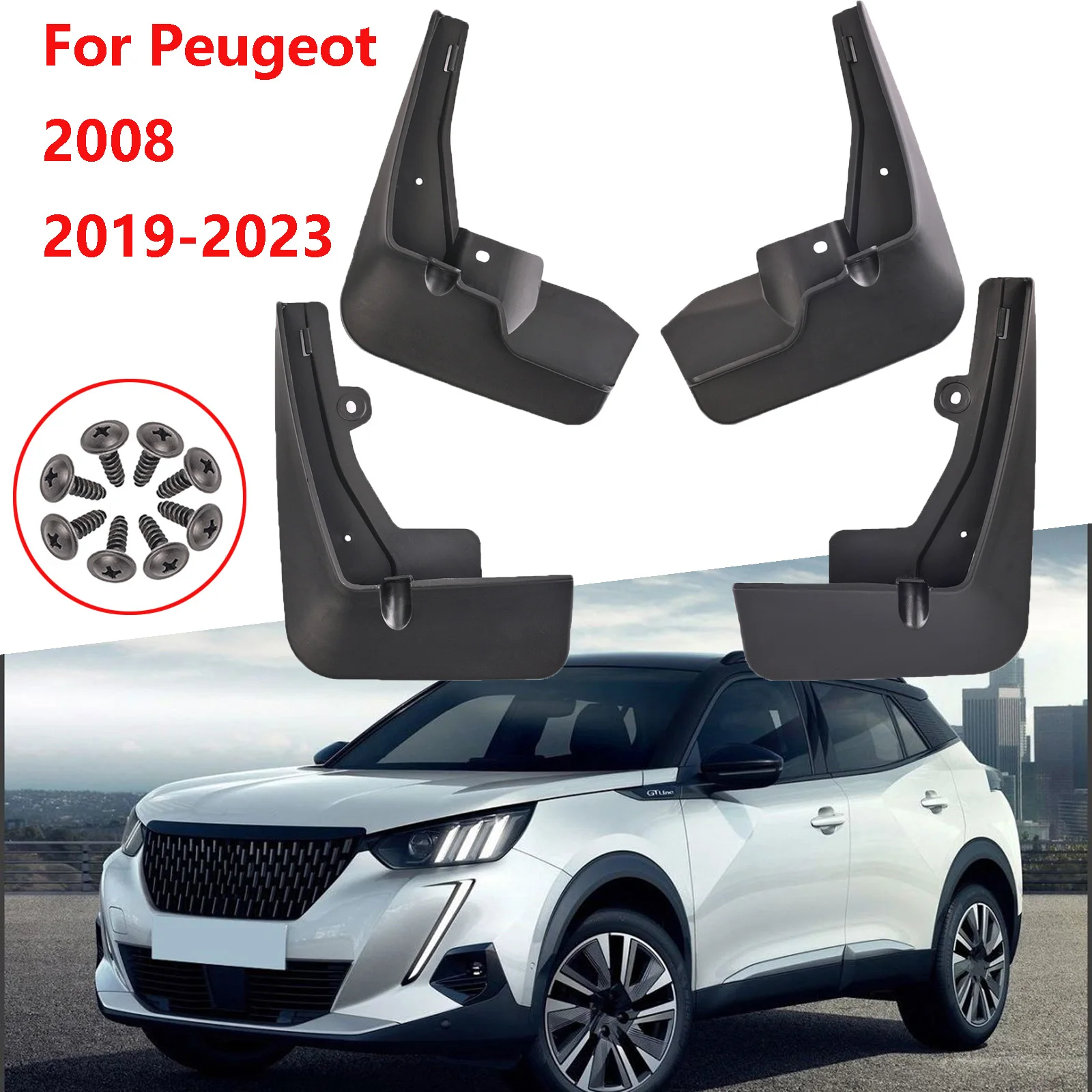 4X Splash Guards mudguard fender mudflaps mud flaps guards black plastic front rear left right For Peugeot 2008 2019-2023