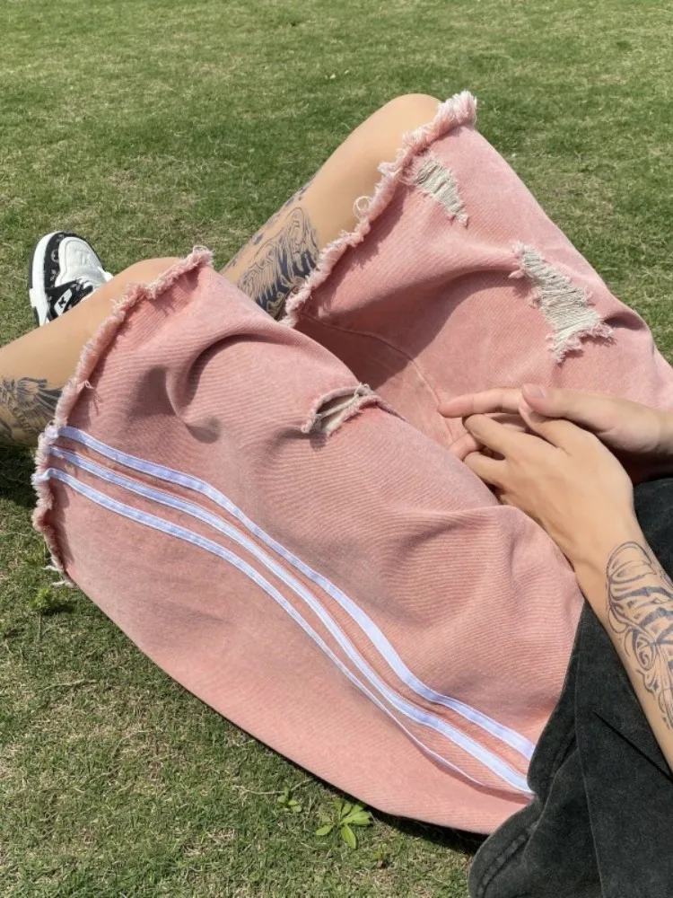 

Pink Men's Short Jeans Summer Loose Casual Five-Point Cityboy Pants Thin Denim Shorts Wear-resistant Straight Tube Jeans