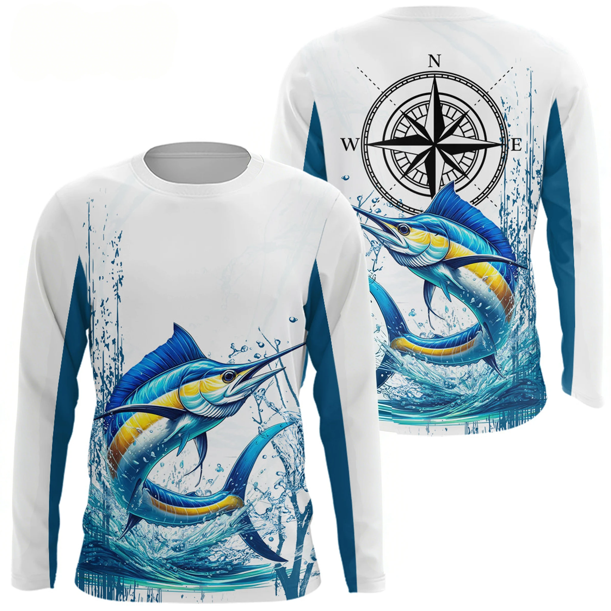 

Сине-белая рубашка для рыбалки с цветными блоками спереди и сзади с принтом парусной рыбы сзади, дизайн компаса, модный комфортный топ с длинными рукавами для рыбалки
