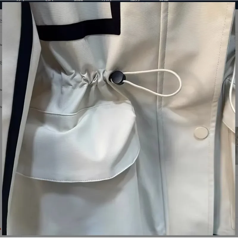 Damska kurtka z kapturem, kontrastowe przeszycia, nowość na wiosnę i jesień 2025, luźny krótki trencz z paskiem w talii, odzież wierzchnia.