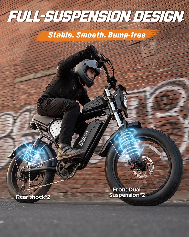 Bopzin Electric Bike for Adult 2000W Peak Motor 48V 25Ah Removable Battery Up to 80 Miles Range Smart App 20" Fat Tires Hydraulic Disc BrakesDual Suspension image 5