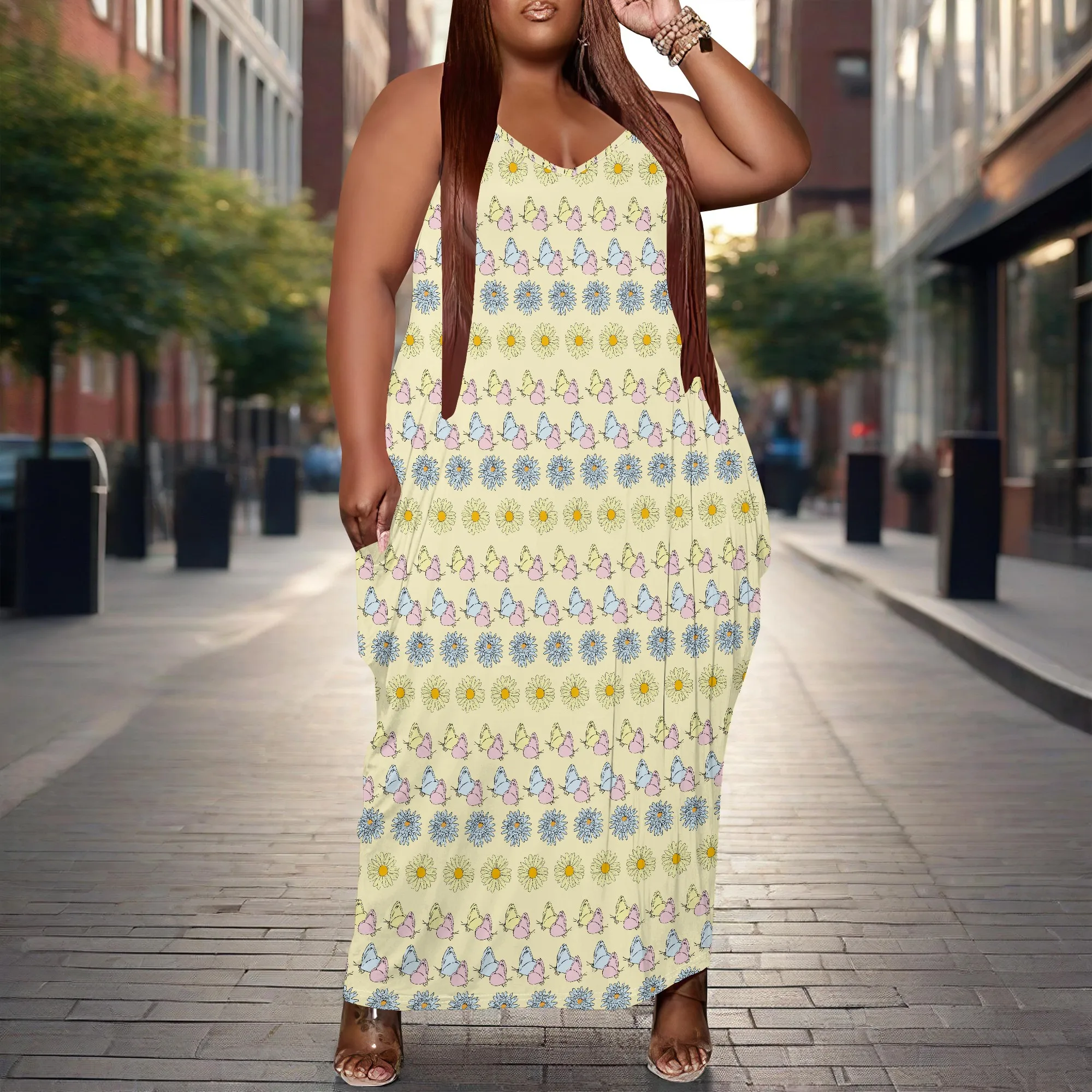 Vestido de talla grande para mujer, vestido largo holgado con bolsillo, transpirable, estampado de mariposa bohemio XL-6XL