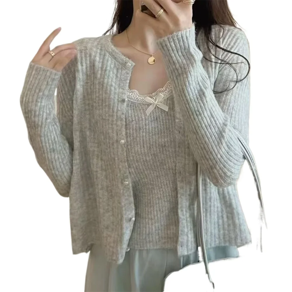 

2026 French Sweet Bow Knitted Cardigan Women's Autumn New Korean Fashion Slim Strap Sweater Top Two Piece Set Sweaters For Women