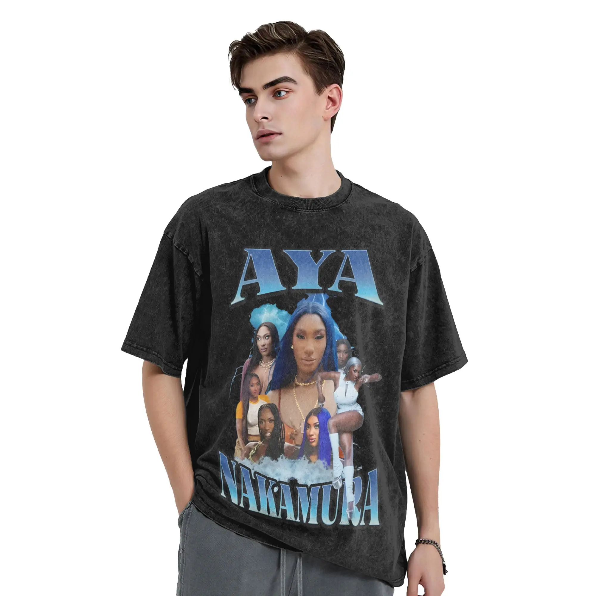 Aya Nakamura Lightning  Vintage Washed T-Shirts Novelty Pure Cotton Tees Round Collar Short Sleeve T Shirts 4XL 5XL 6XL Clothes