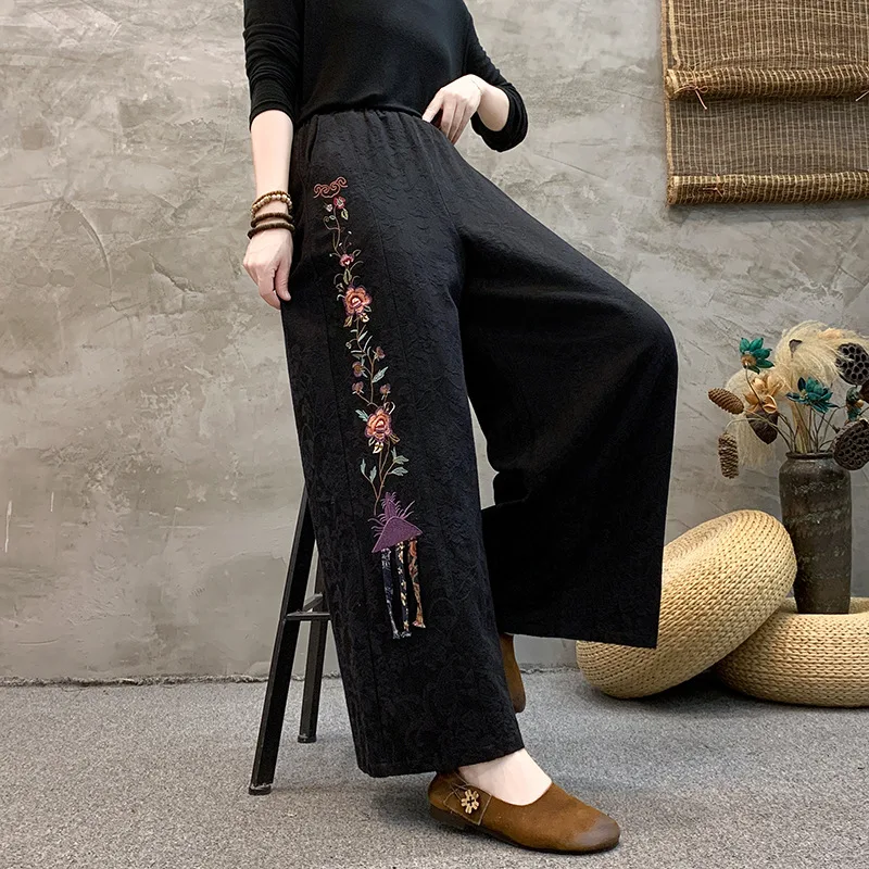 Retro Ethnic Style Embroidery Women Casual Cotton And Linen Wide-leg Pants Spring Lady Elegant Lace-up High Waist Trousers