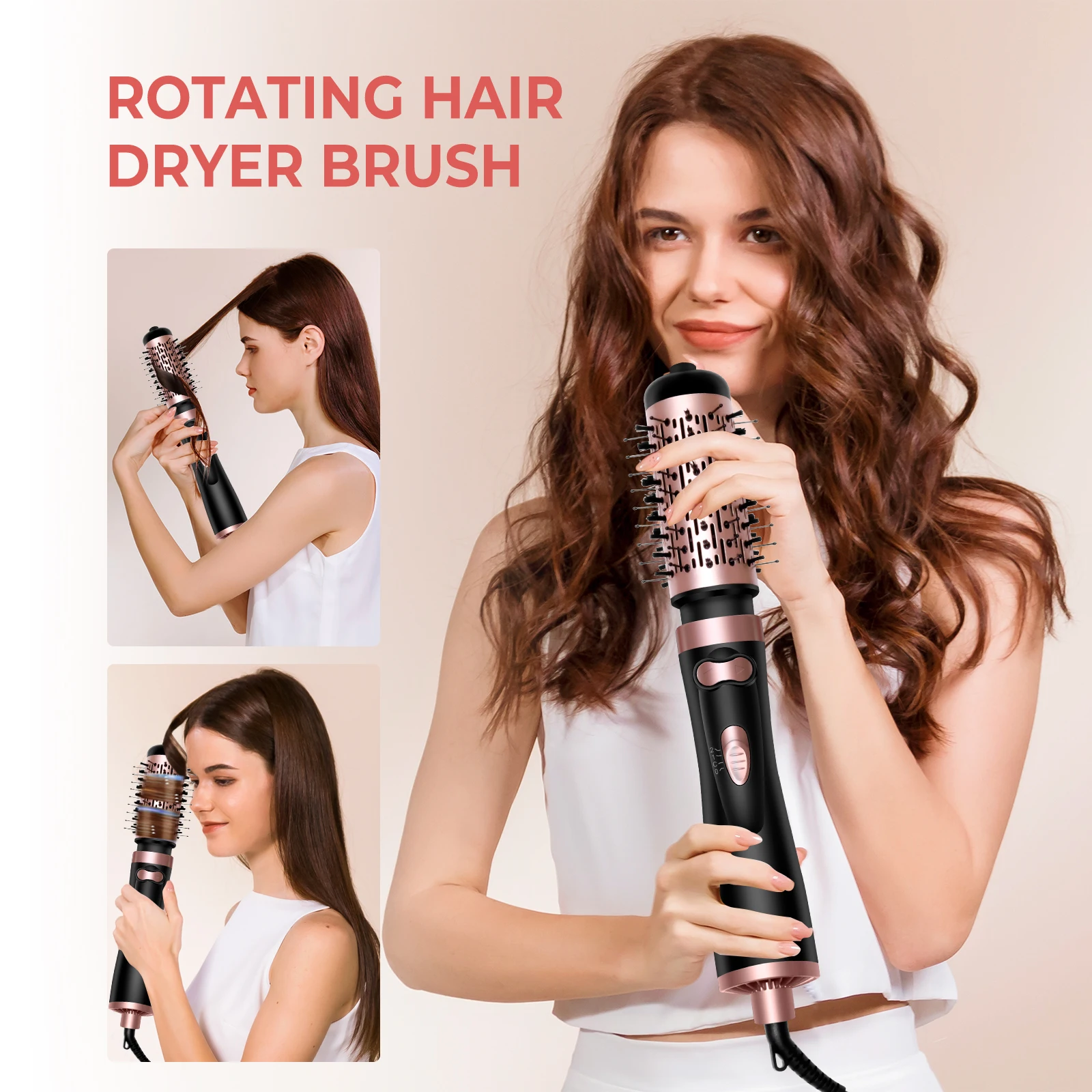 

2 Replaceable Head 360 Rotating Air Flow Hot Air Brush Hair Straightener Curler Iron Volumizer Blowers Electric Hair Dryer Comb