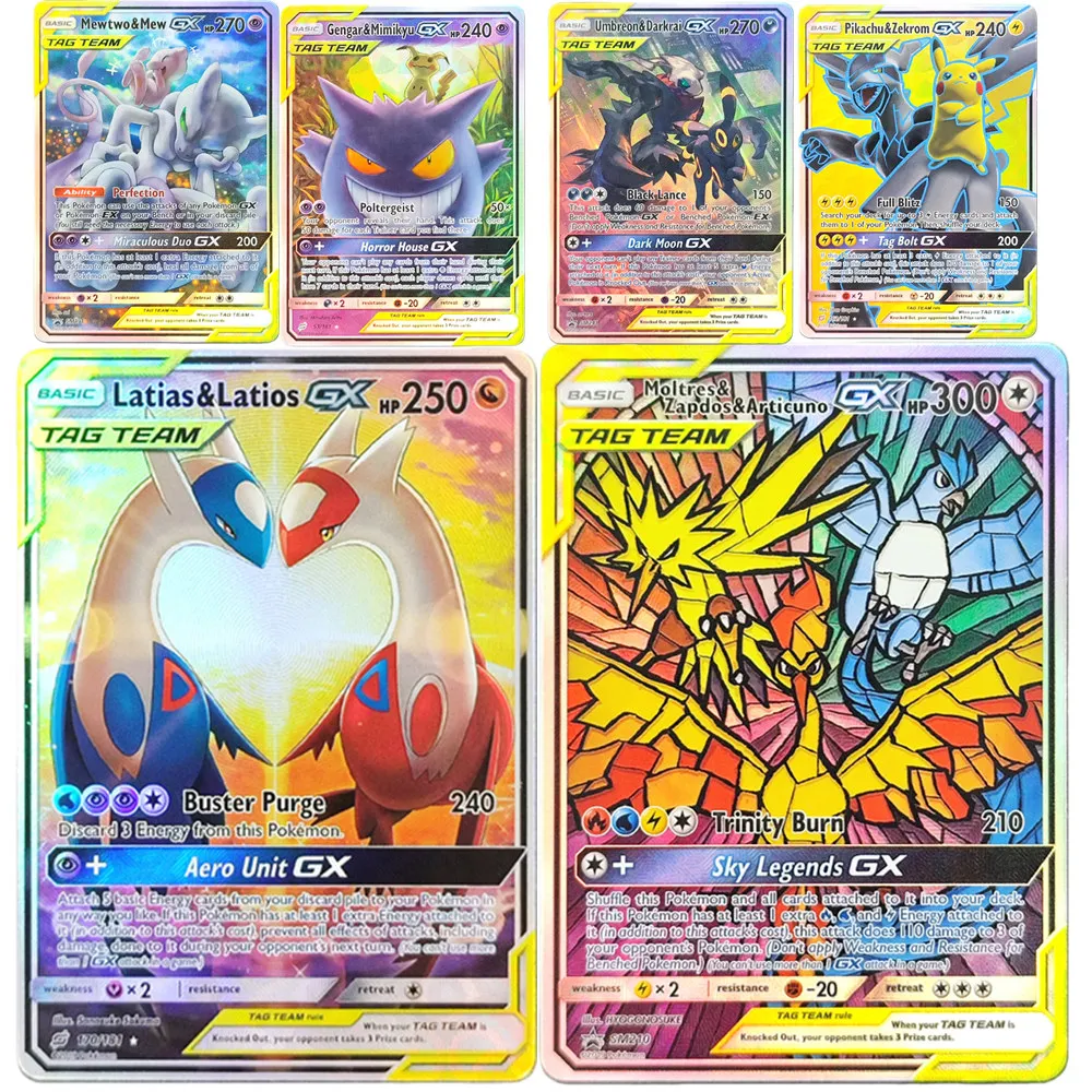 

DIY Pokemon PTCG Card TAG TEAM Latias & Latios Gengai Mimikyu Mewtwo Mew Moltres Zapdos Articuno GX Коллекционная карточная игра