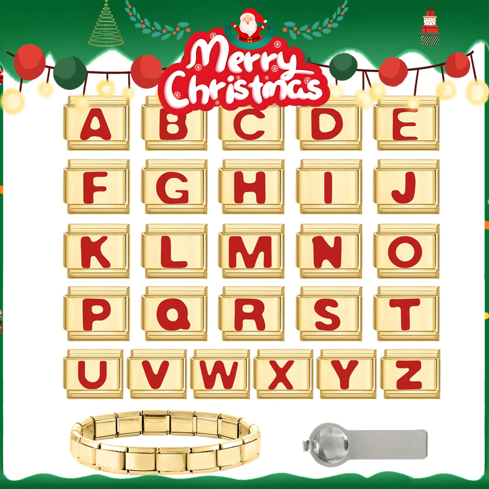 NEW Fashion Red 26 English Letters Gold Color Italian Charm Links Fit 9MM Bracelet Stainless Steel Making DIY Christmas Gift