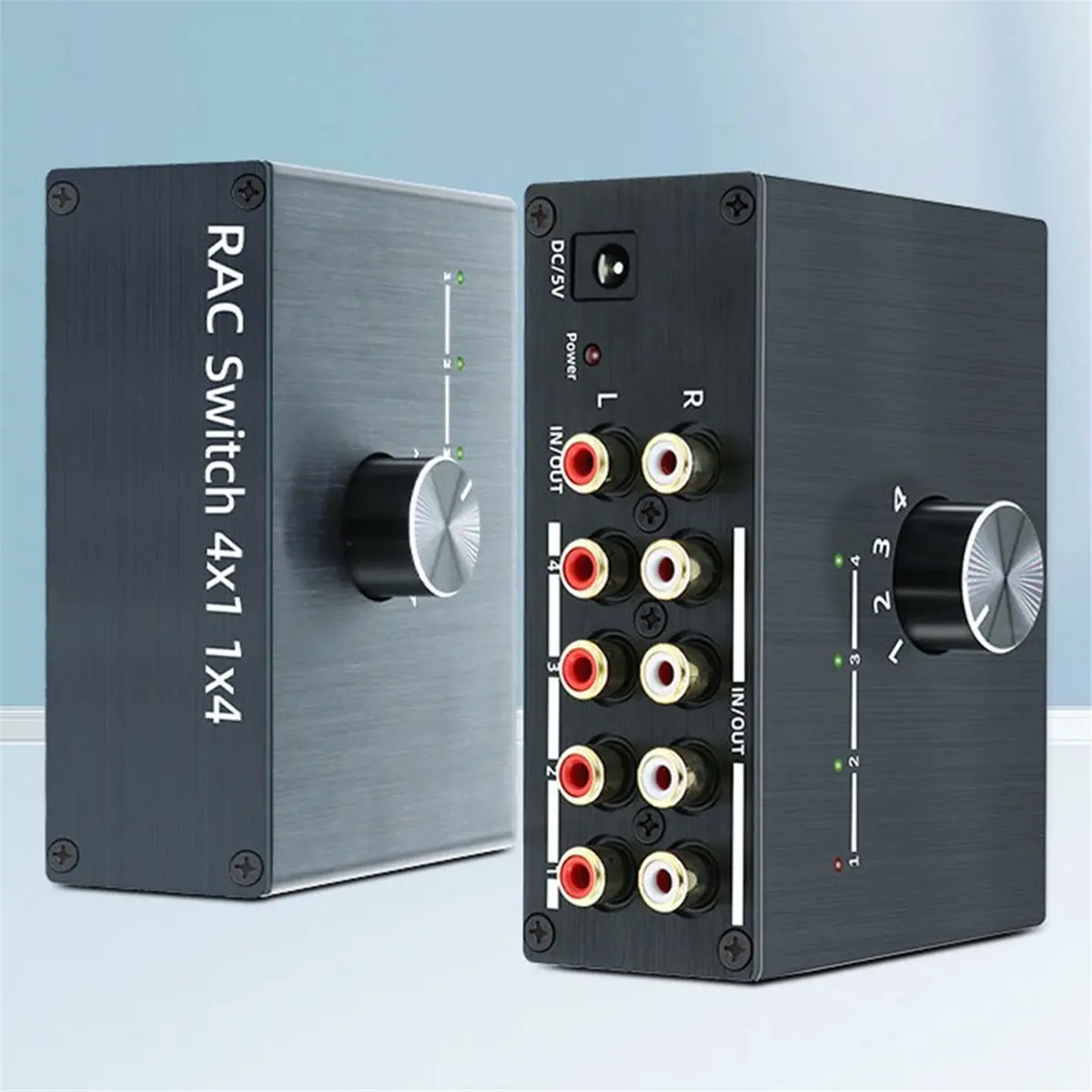 DTC5 4 Way Stereo Audio Switcher Bi-Directional with Volume Knob 4x1 / 1x4 RL Stereo Audio Switch Audio Splitter