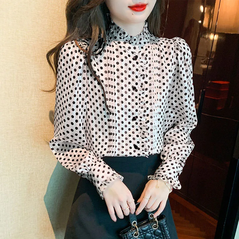 New Spring and Autumn Fashion Trendy Folded Dotted Chiffon Long Sleeved Shirt Loose and Versatile Western Style Women\'s Top