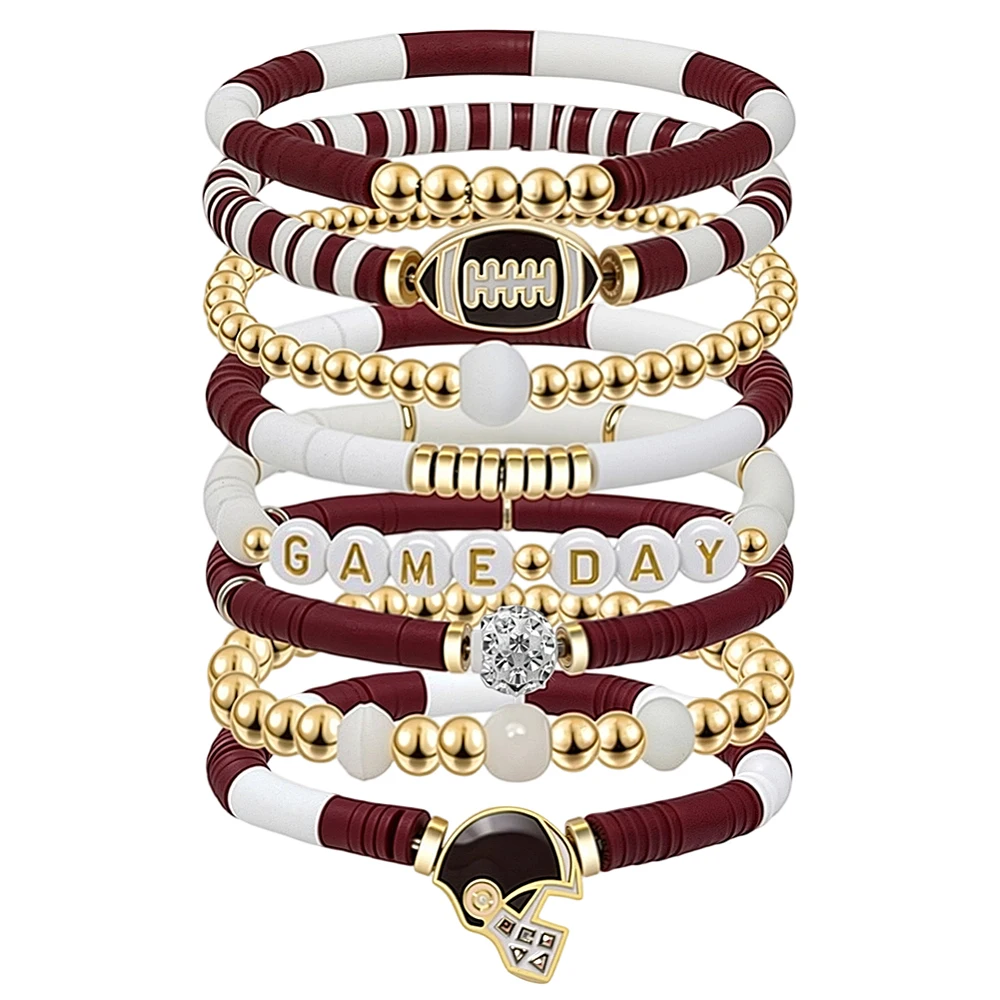 8 Pack Red White Game Day Football Bracelets Sport Rubgy Gold Spacer Heishi Beaded Stylish Sports Team Games Days Stackable