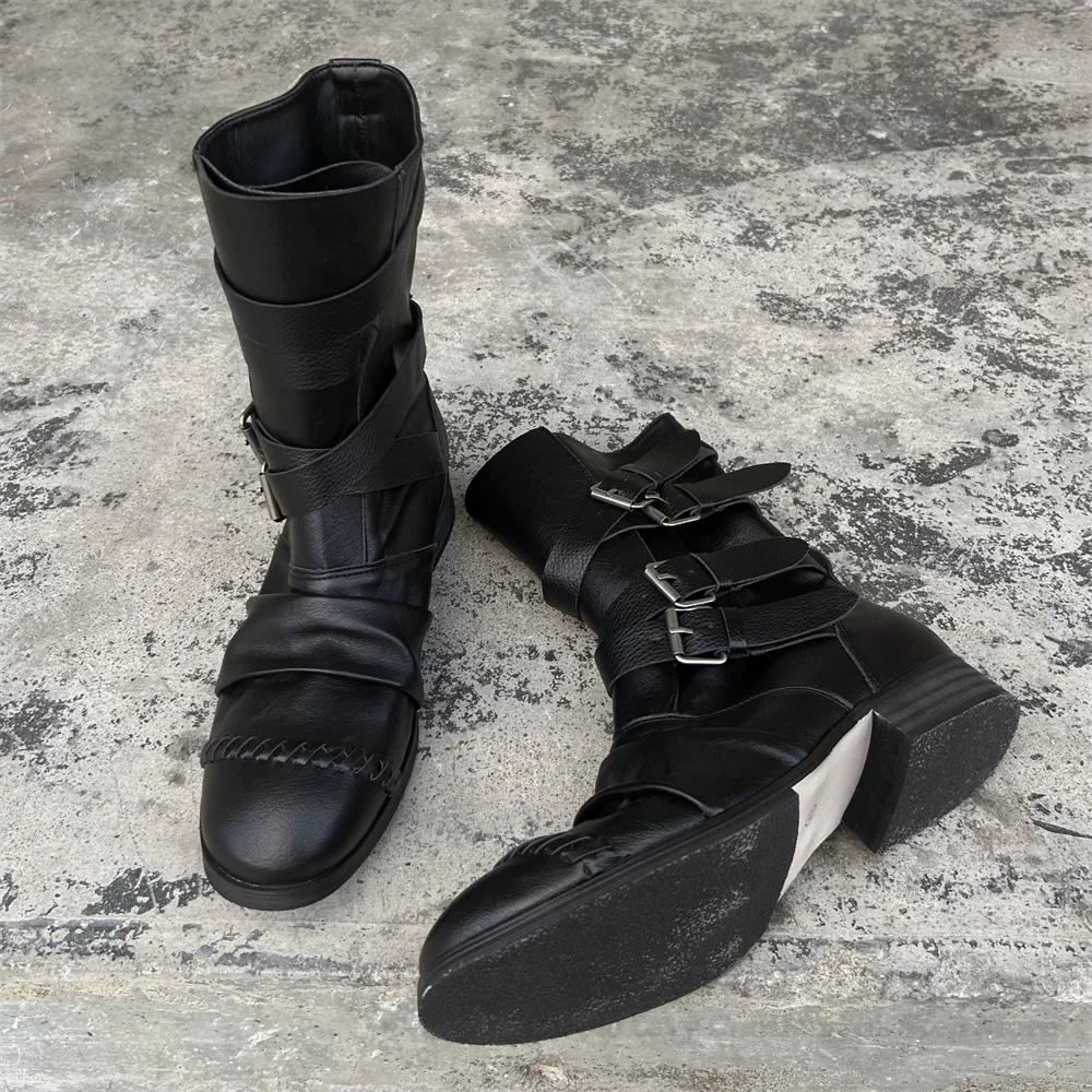 Dark Retro Pleated Knight Boots Unisex Belt Buckle Soft Leather Vintage Boots Western Cowboy Short Boots Black Cool Boot view 3