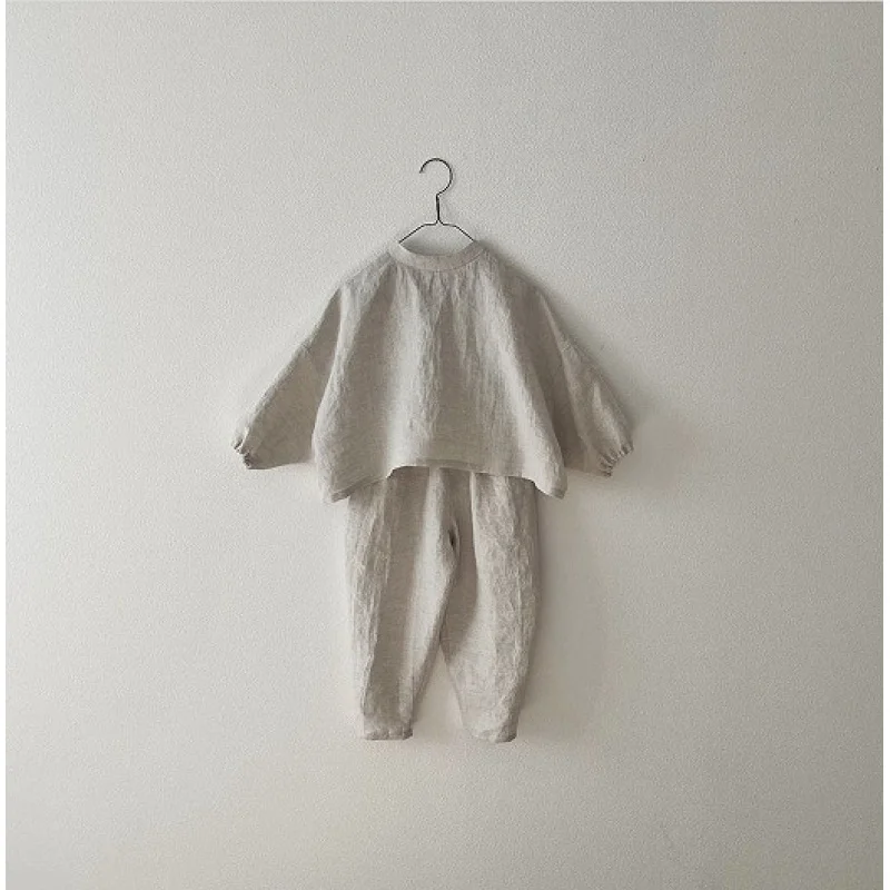 Two-Piece Set Girl Boy  2024 Japanese Korean Style Autumn Washed Cotton Linen Leisure T-Shirt Baggy Pants Tide