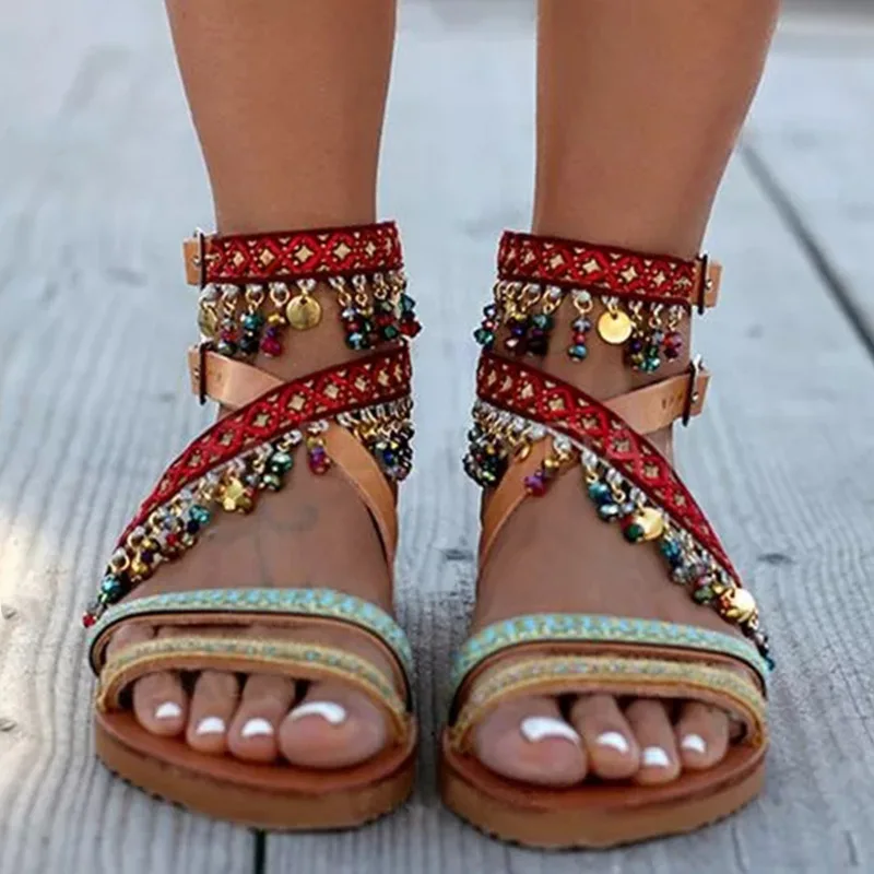 Fashion Womens Shoes 2024 Female Sandal Large Size Luxury New Girls Big Bohemian Flat Multicolored Comfort Buckle Strap Fabric S