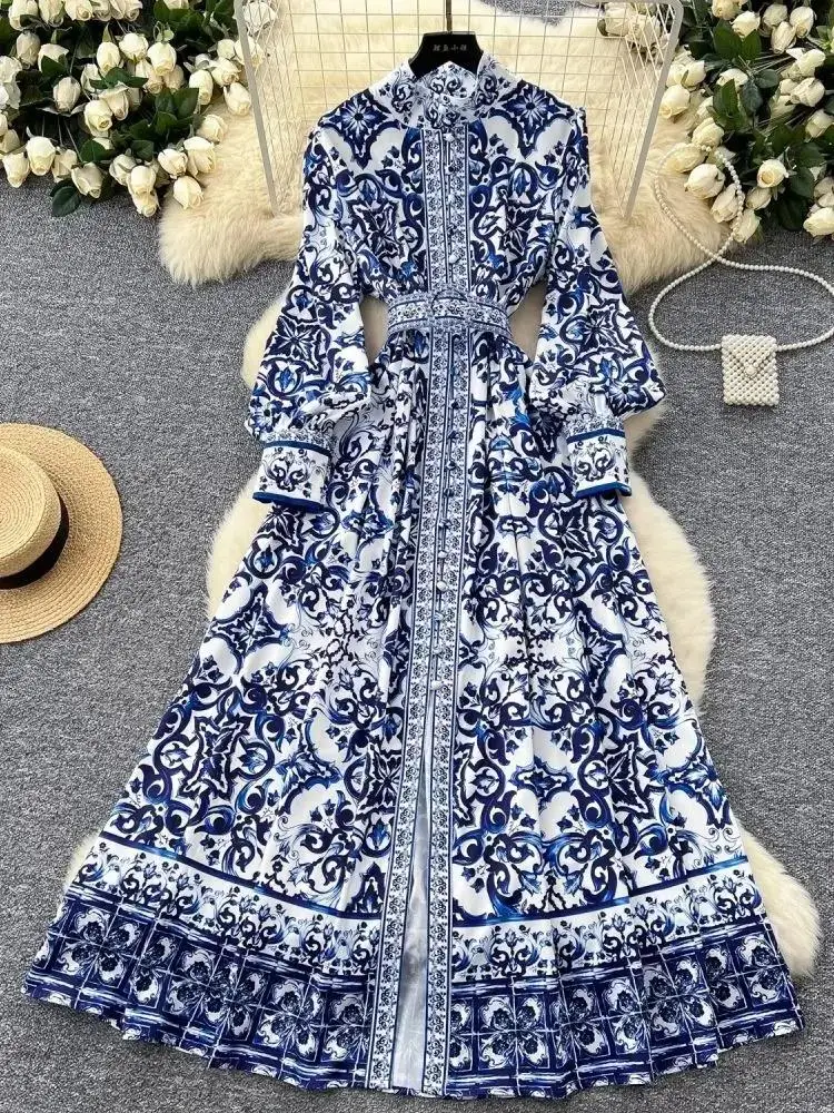 女性用磁器マキシドレス,赤,青,白,スタンドアップカラー,シングルブレスト,ベルト,ロングドレス,ルーズフィット,春と秋の休暇