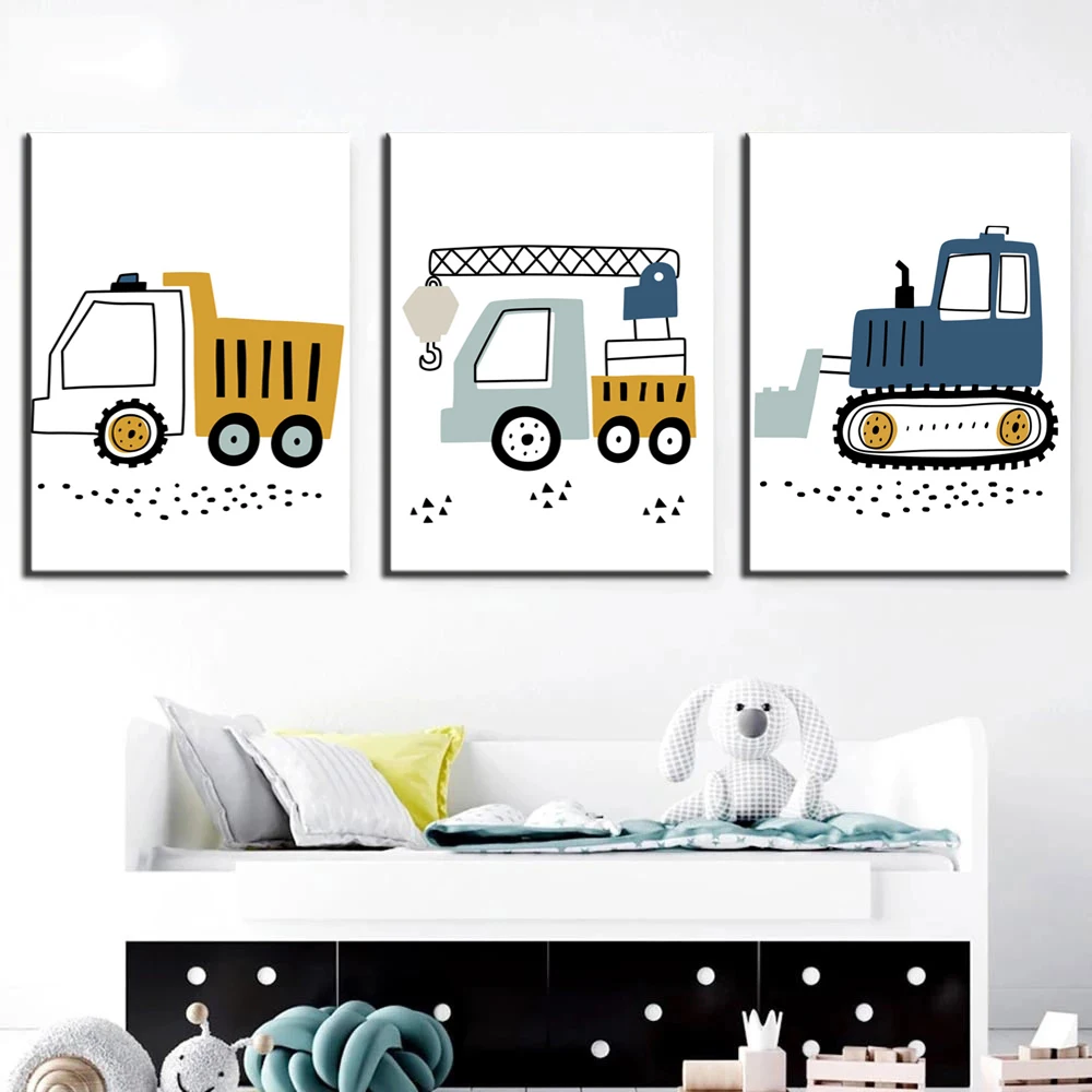 Wall Art Canvas Poster Cartoon Crane Excavator Tractor Truck  Painting Nursery Child Nordic Pictures Print Bedroom Home Decor