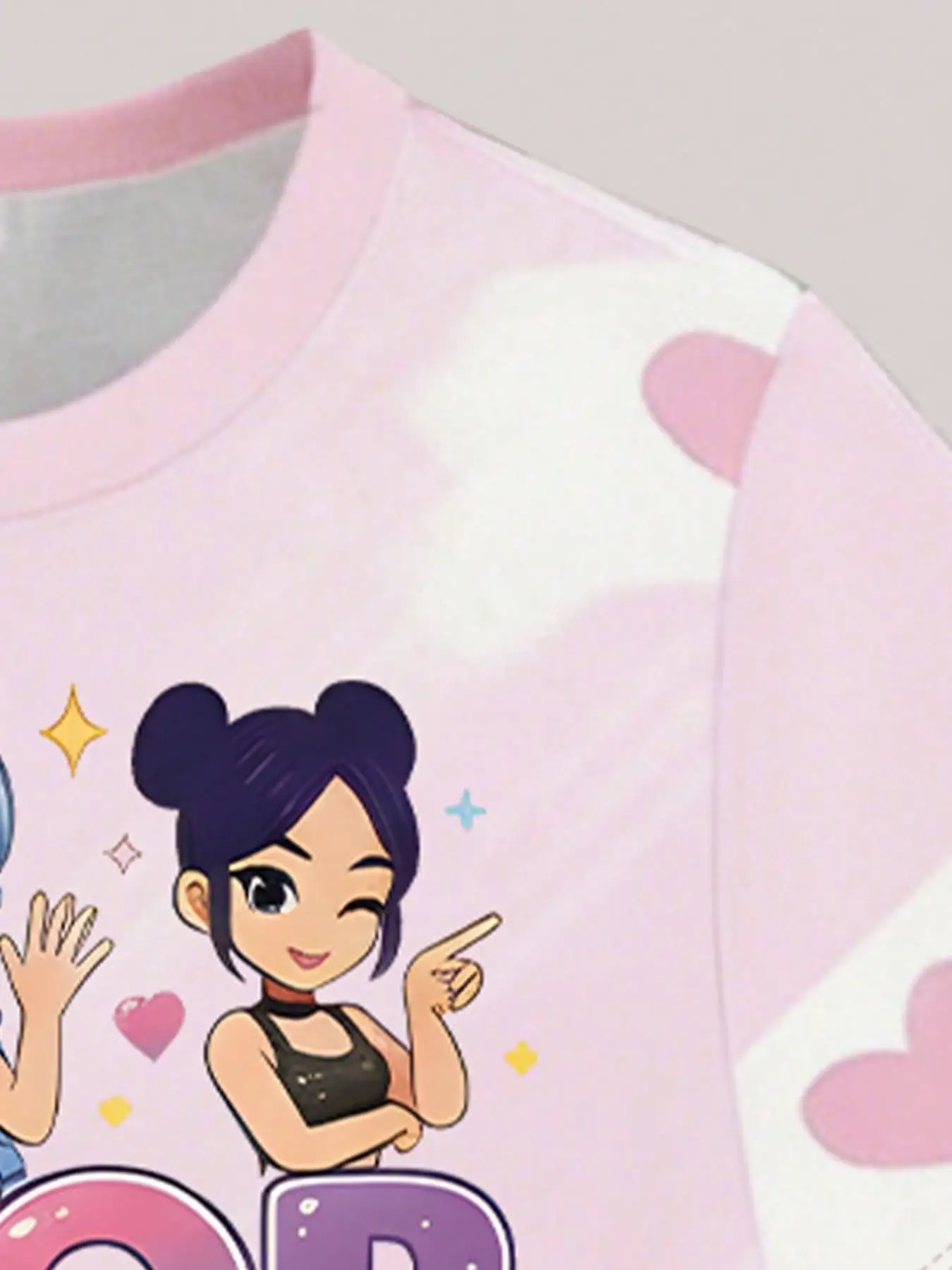 Sommerliches Freizeitoutfit für Mädchen, bedrucktes Kurzarm-Set für Kinder, zweiteiliges Set mit kurzärmligem T-Shirt und Shorts mit Herz- und Cartoon-Print für Mädchen, geeignet für Mädchen ab drei Jahren, vielseitige Kleidung – Detail 4