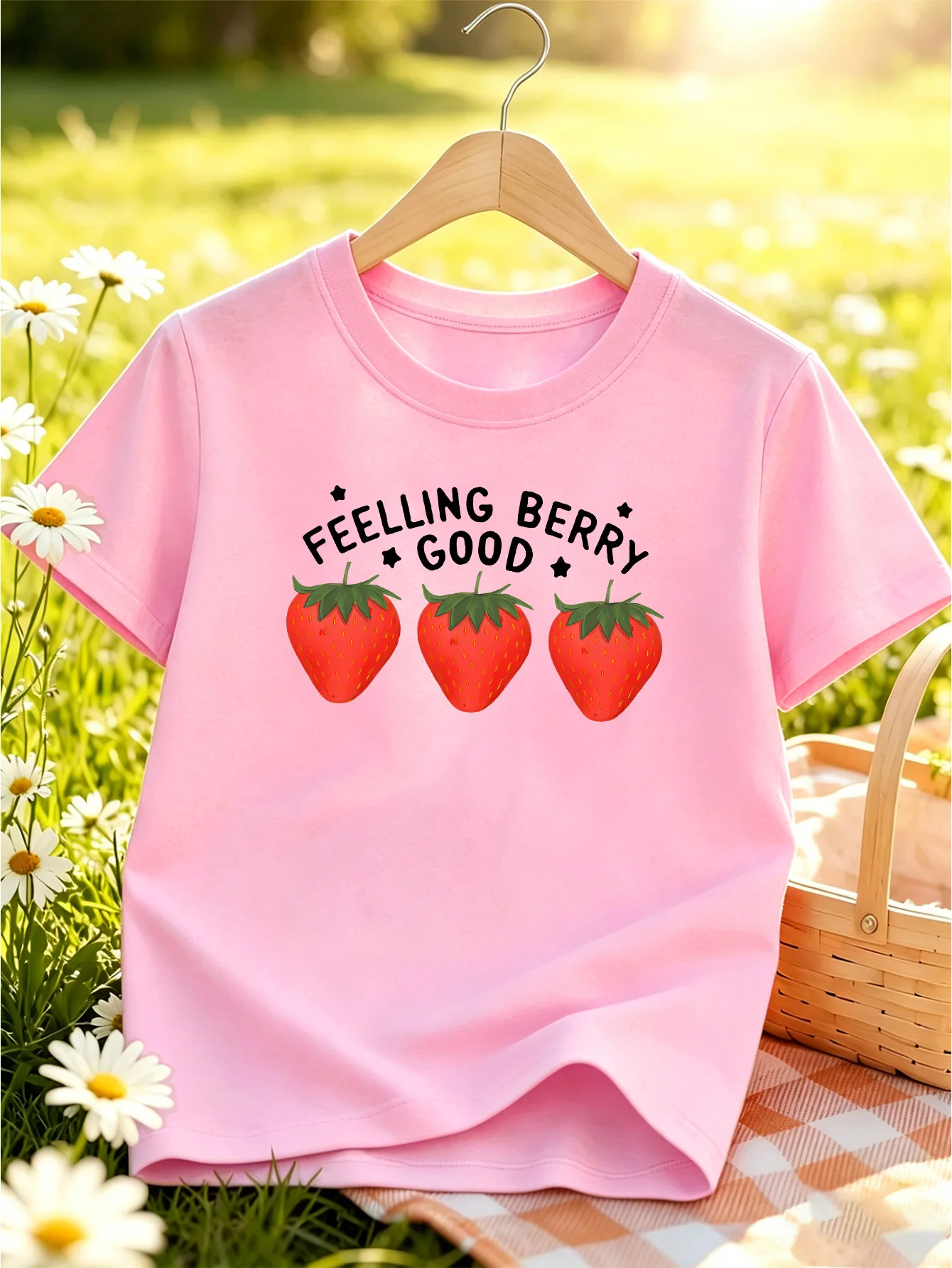 Sweet Strawberry Letter Slogan Print Boy Girl Short Tee Parent Match Soft Cotton Kids Fresh Summer Daily Casual Fashion T Shirts
