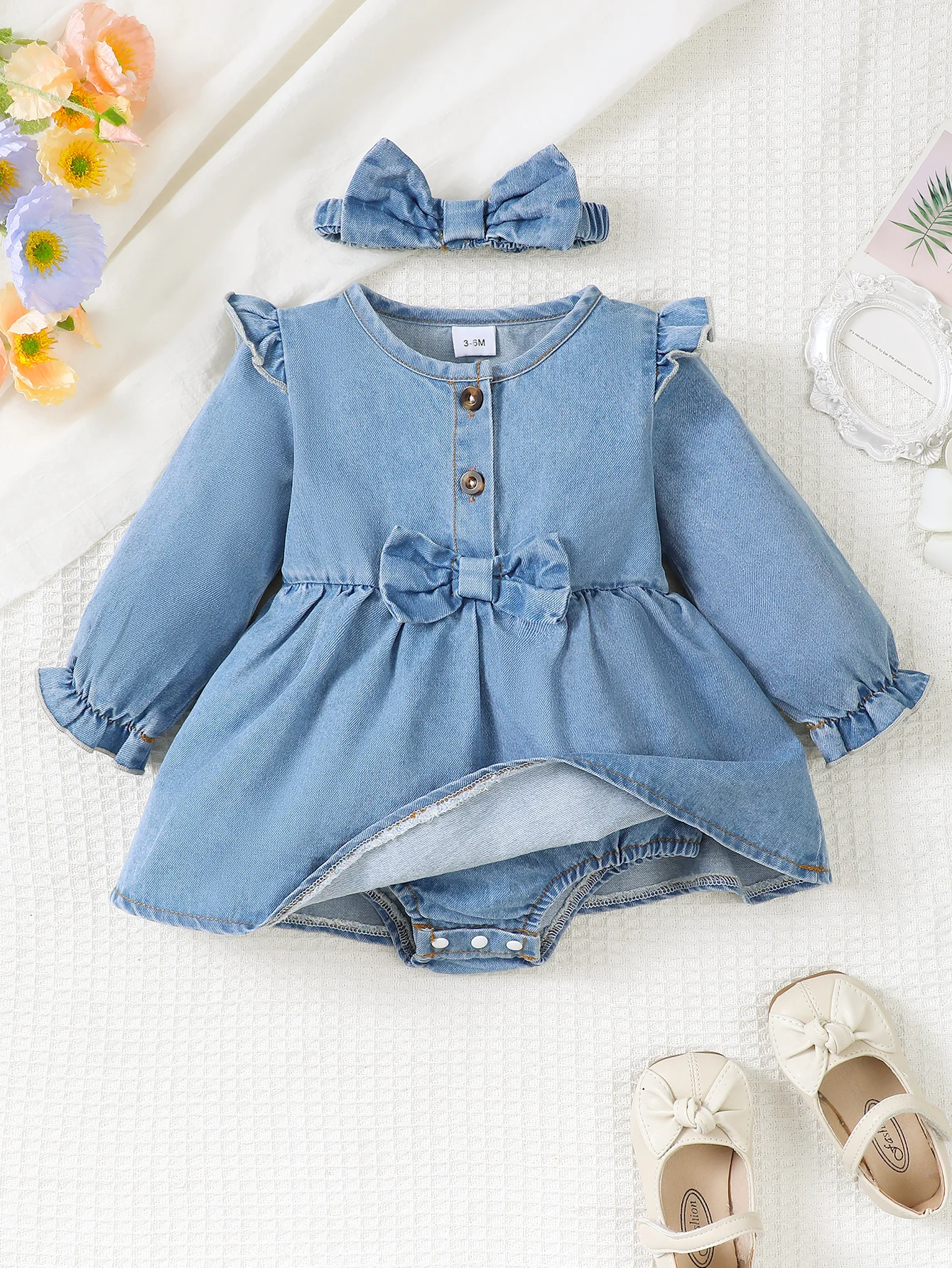 Inverno recém-nascido infantil 0-18 meses bebê menina vestido de manga longa denim macacão princesa vestidos de festa com argola de cabelo