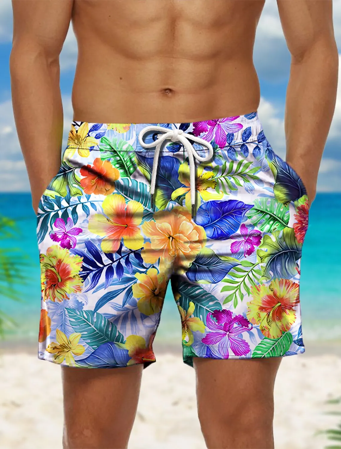 Fashion Men\'s Board Short Swim Shorts Swim Trunks Drawstring Graphic Print Flower Floral Quick Dry Short Casual Holiday Hawaiian