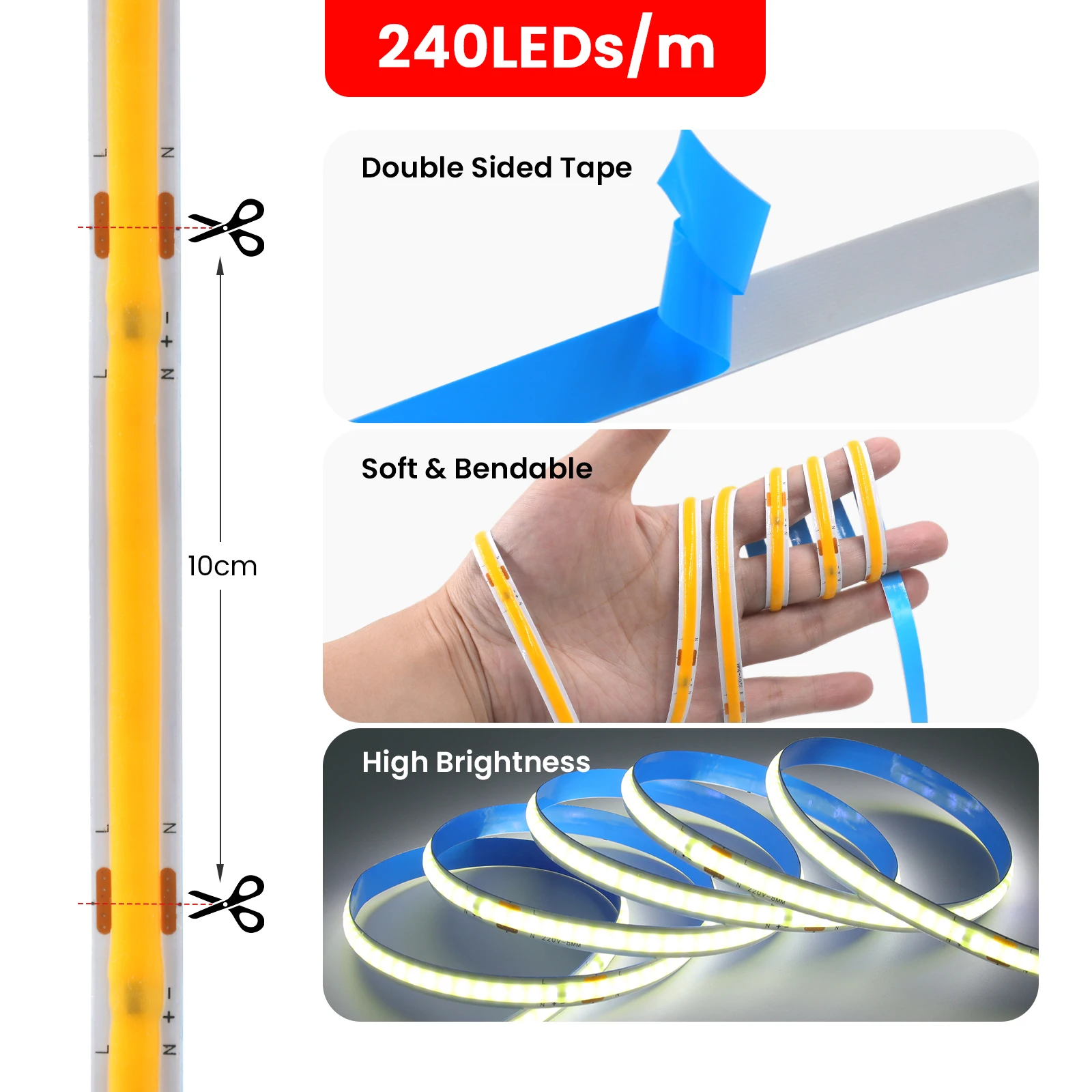 110V 220V COB LED Strip Lights with EU/US Plug 5m 10m 15m 20m 240LEDs/M Linear Lighting Flexible LED Tape Ribbon Home Room Decor view 6