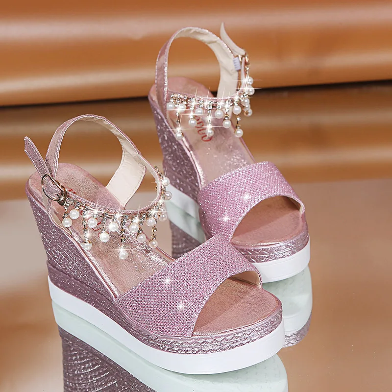 Girls Sandals 2022 Summer New Women\'s Pumps Fashion Pearl Rhinestone Platform Wedge Casual Female Sandals 10cm Ladies High Heels