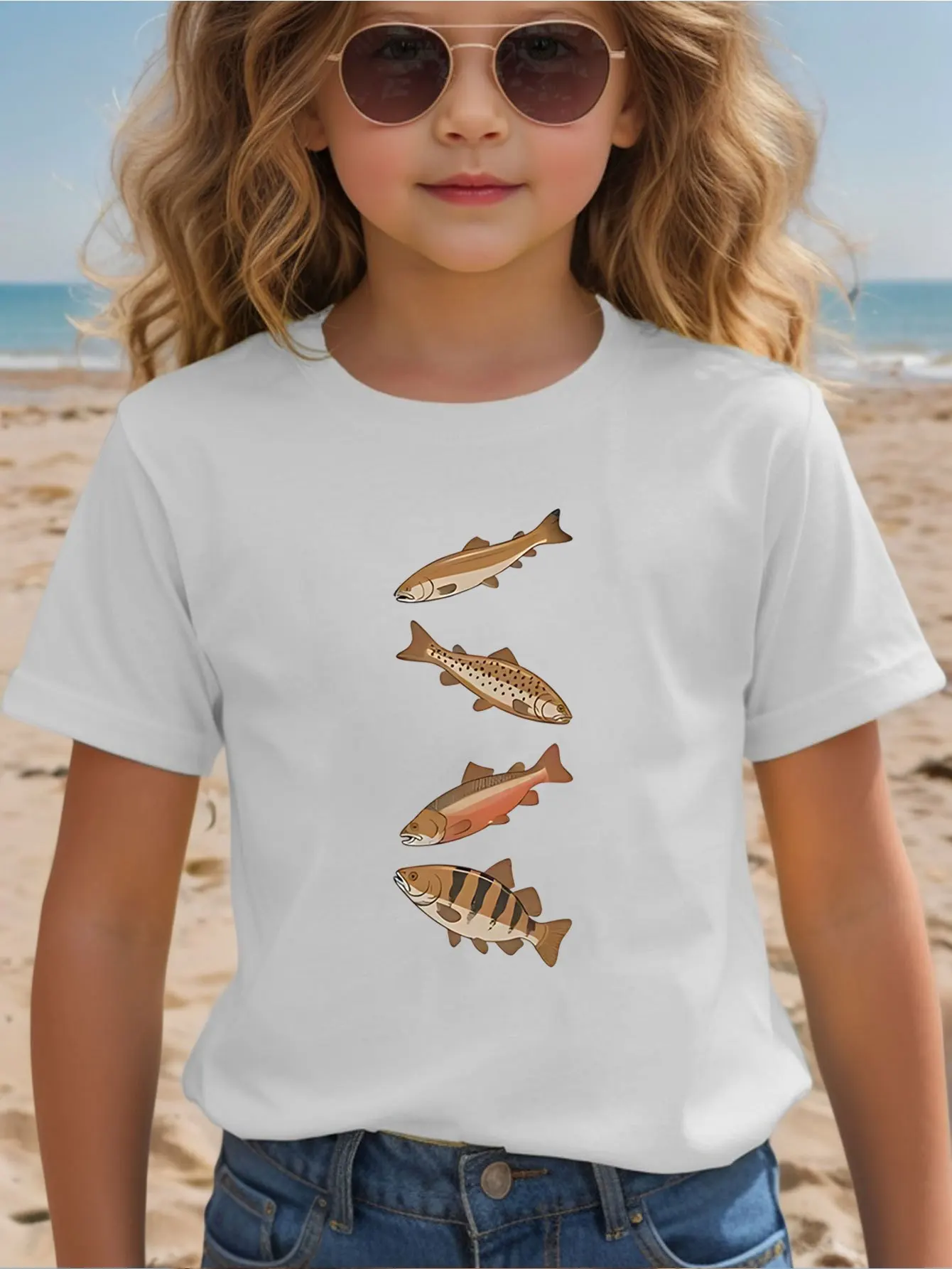 Cartoon Four Freshwater Fish Vertical Print Kids T Shirt Boys Girls Family Matching Parent Child Summer Crew Neck Casual Tee