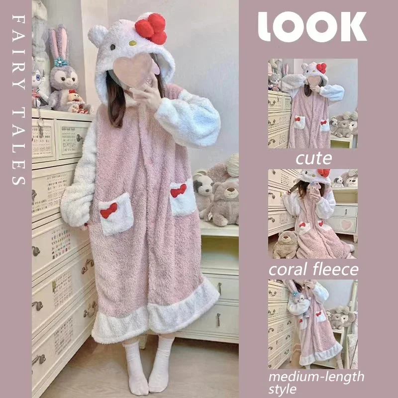 Sanrio Hello Kitty Pajama Cartoon Anime Nightgown Thicker Women Warm Sleepwear Sweet Hooded Flannel Robe Soft Kawaii Homewear