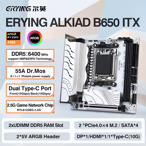 ERYING B650i Motherboard ITX AM5 Supports AMD Ryzen 7000/8000/9000 Series CPU DDR5 Dual Channel 2*Pcie4.0x4 M.2 ARGB Gaming PC