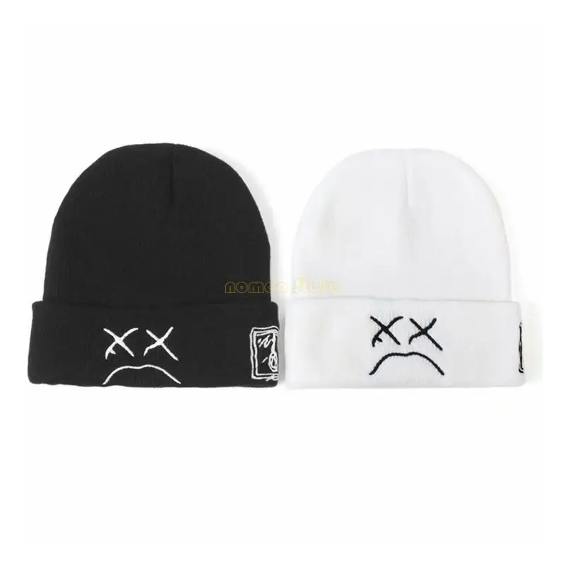 

31BF Funny Sad Face Expression Knitted Hat Embroidered Beanie Hat Outdoor Trendy