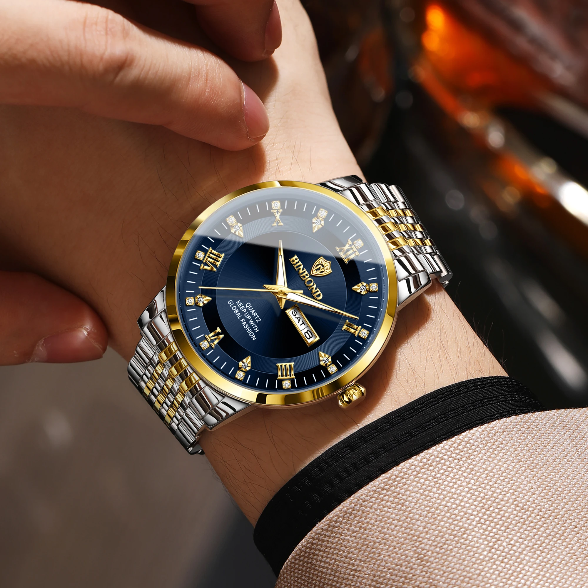 BINBOND Watches for Man Luxury Week Display Auto Date Luminous 3AT Stainless Steel Bracelet Hardlex B3815 Quartz Wristwatches