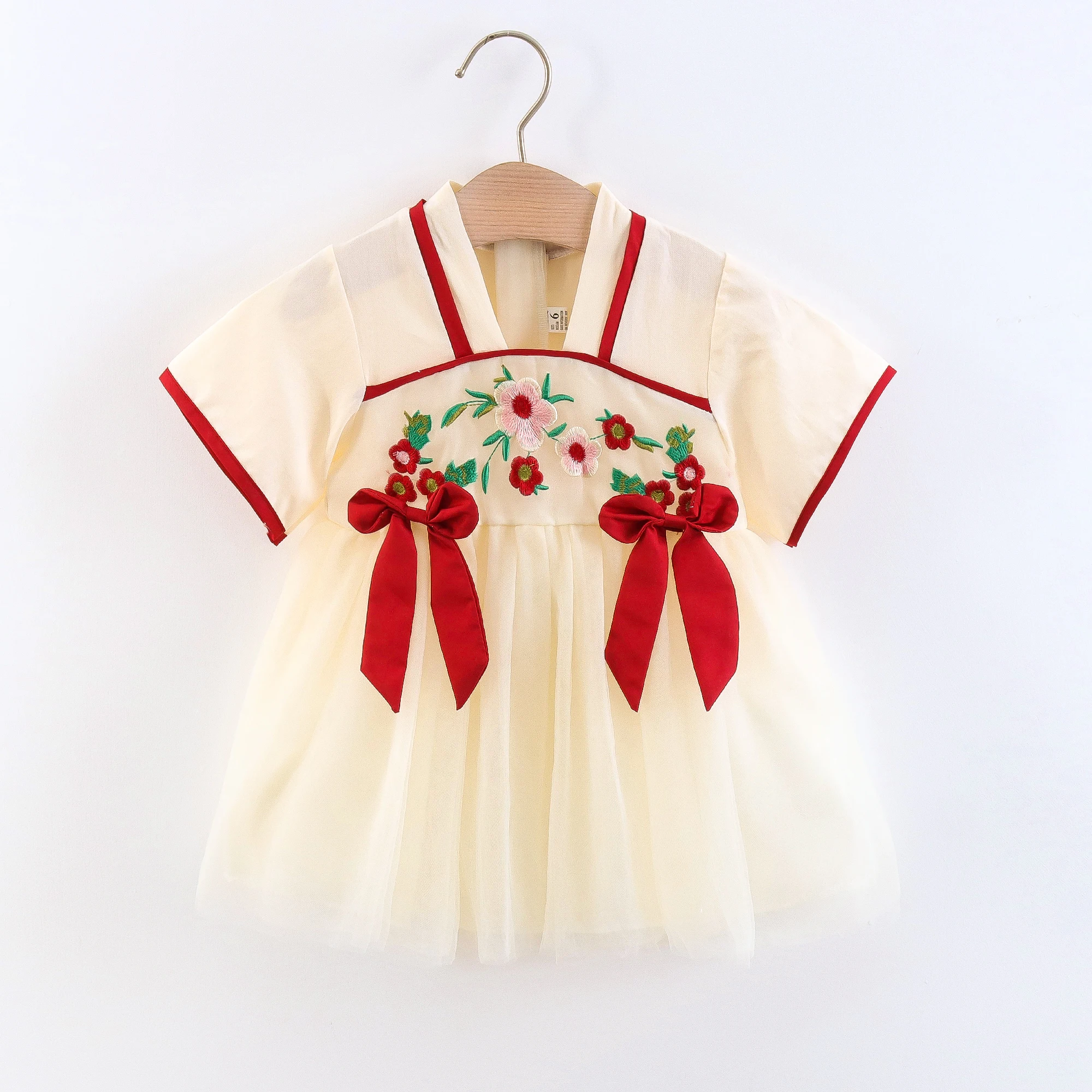 Summer Baby Girl\'s Dress New Chinese Style Bow Embroidery Hanfu Short Sleeve Skirt