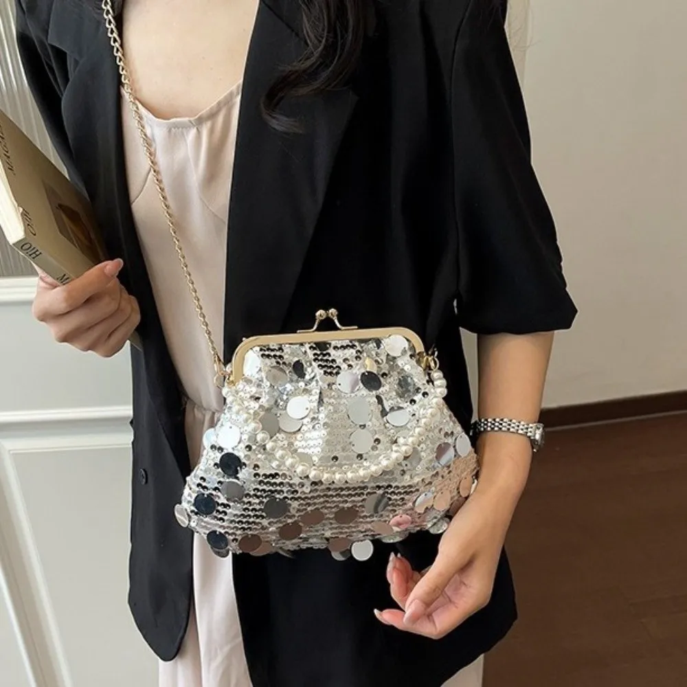 Retro Shiny Evening Banquet Bag Lock Buckle Large Capacity Chain Crossbody Bag with Round Handle Korean Style Shell Bag Wedding