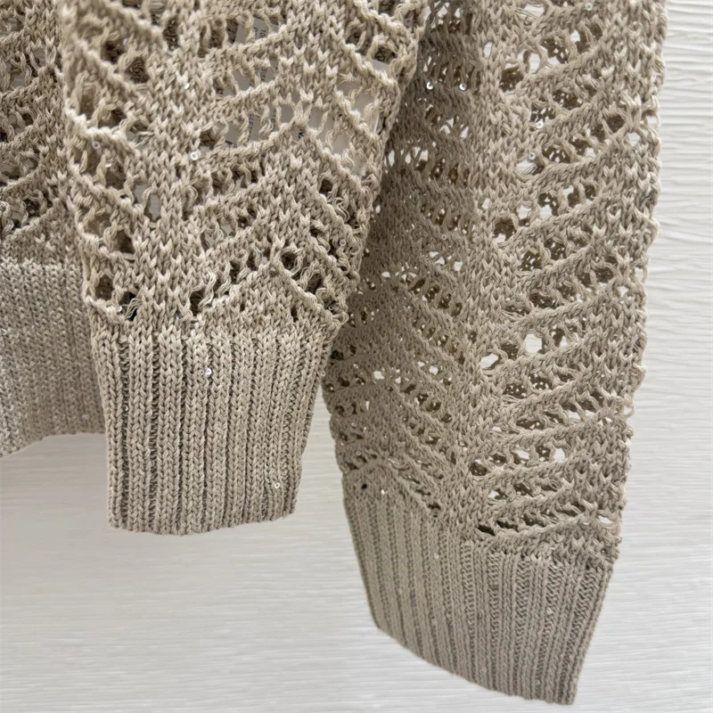 Vest voor dames Nieuwe elastische gebreide holle top met lange mouwen voor de herfst 2025, damestrui met pailletten, y2k dunne jas