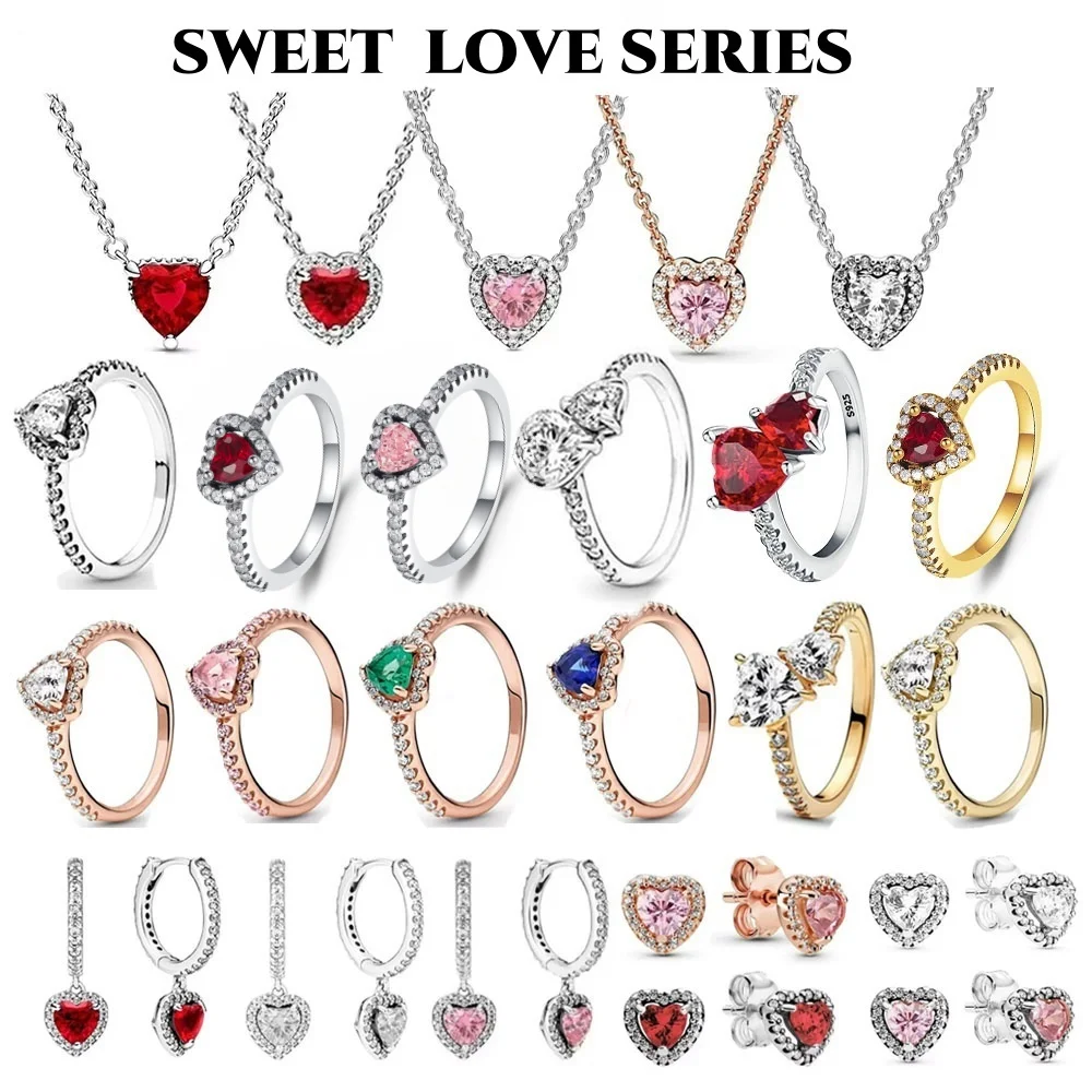 New 925 Silver Classic Pink Heart Necklace Earrings and Ring Set DIY Charm Jewelry WomenGifts Fashion Light Luxury Making