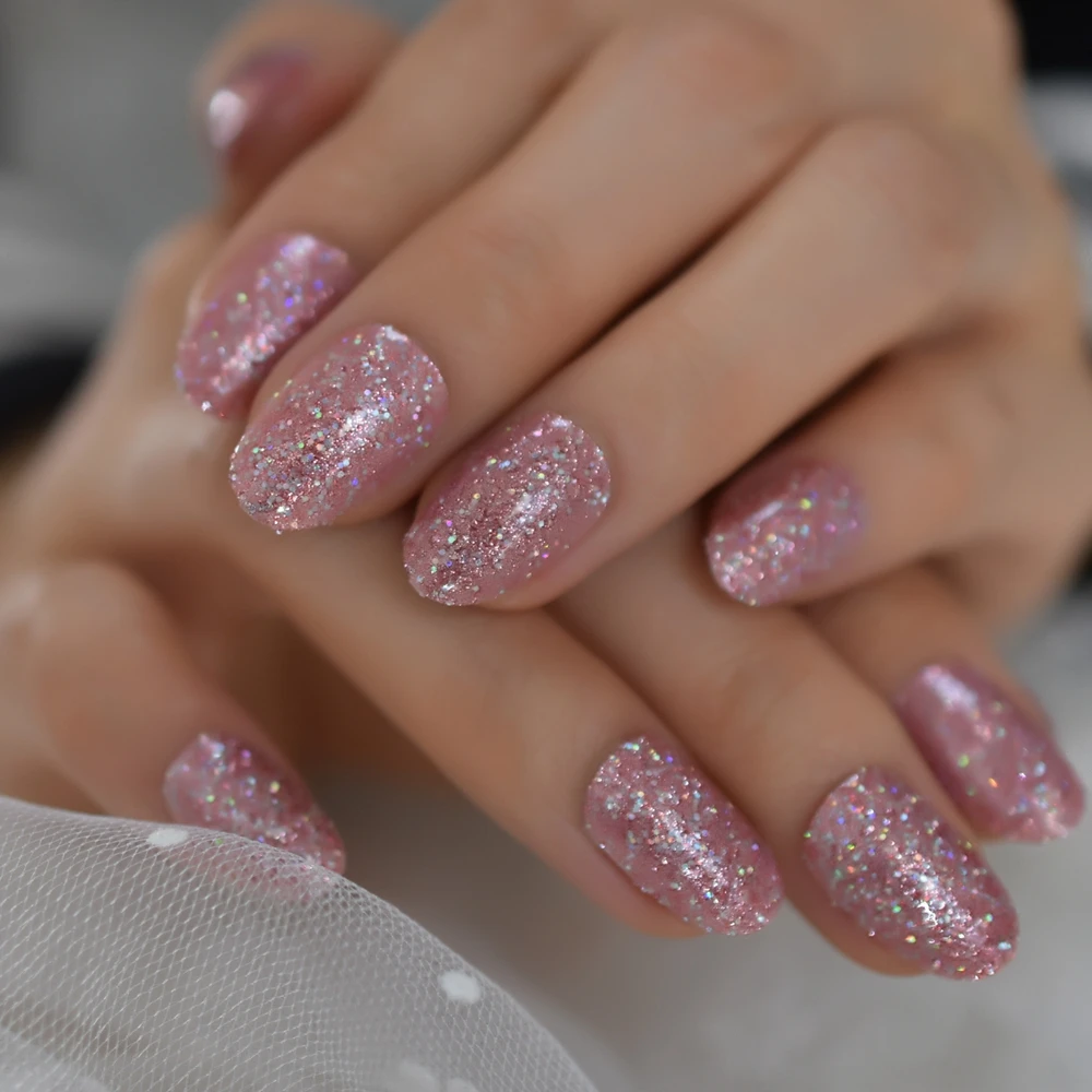 Press On Nail Tips With Full Pink Glitter Short Oval Fingernails Reusable Creative Comfortable For Every Events