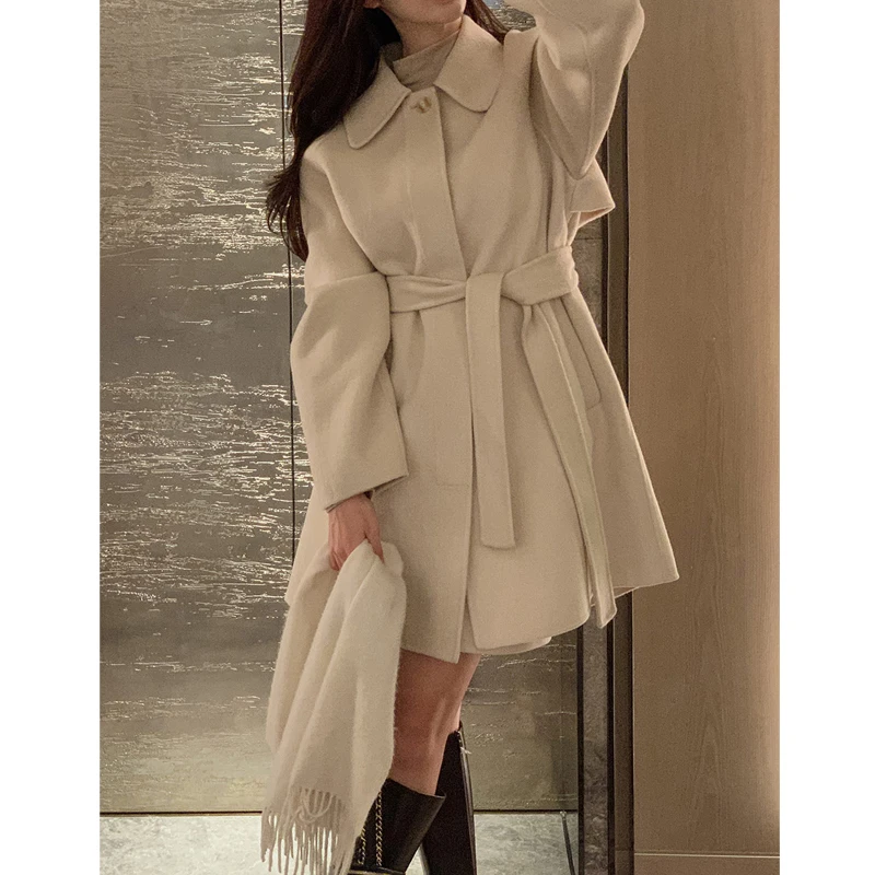 Korean Style Fashionable Woolen Coat Jacket High Waist Long Sleeve Mid-Length Pure Color Women's Online Exclusive Winter Coat