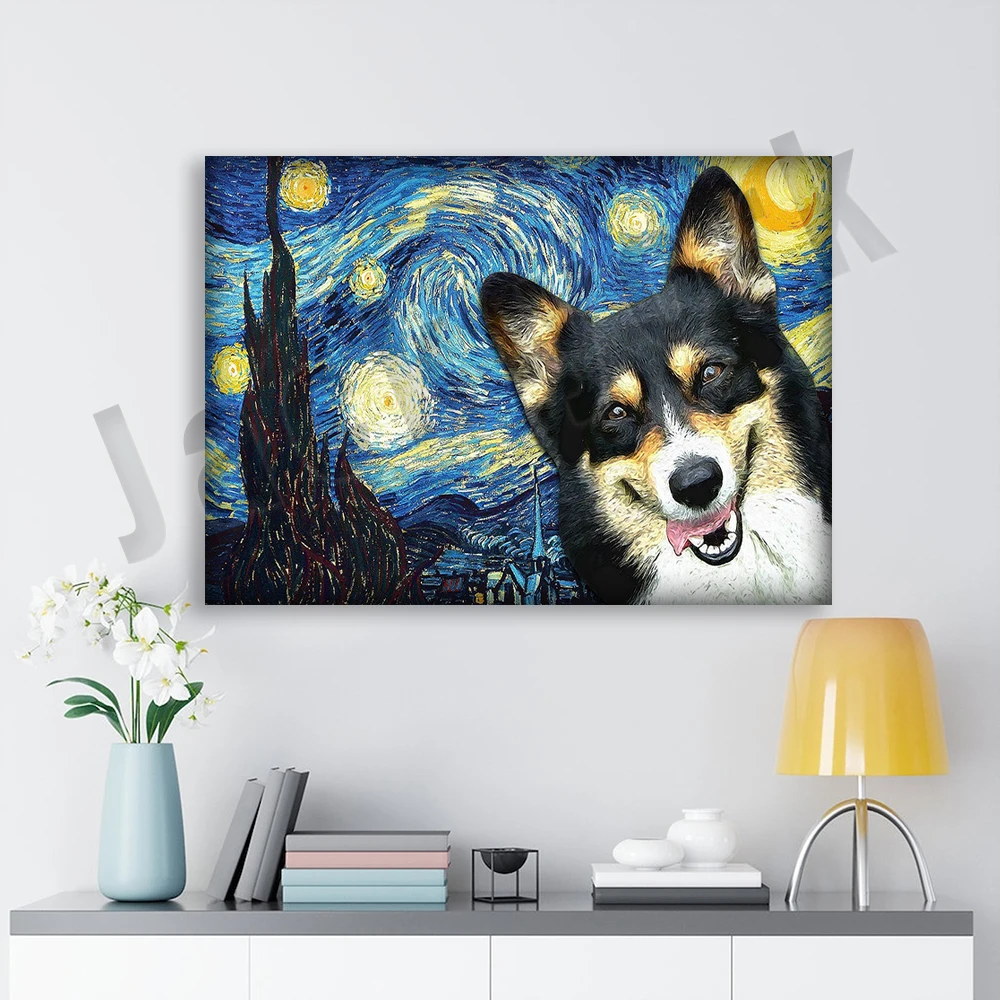 Black and Tan Corgi Starry Night Van Gogh Vintage Poster Home Living Decor Wall Art Picture, Exclusive Gift