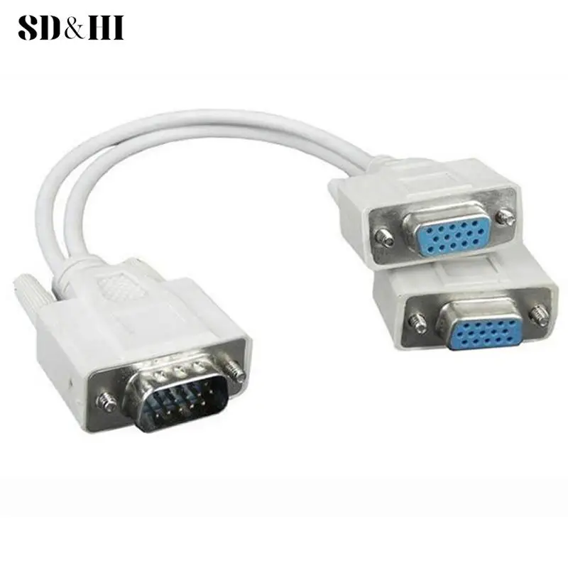 1pc 15Pin VGA Male To 2 Vga Svga Female Adapter Splitter Video Monitor Cable Black White Random Color