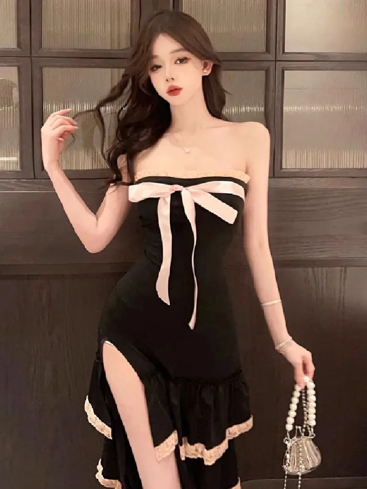 Topenomi Evening Dress Women French Sweet Bow Strapless High Split Layered Ruffled Cake Long Dresses Fashion Cocktail Party Robe