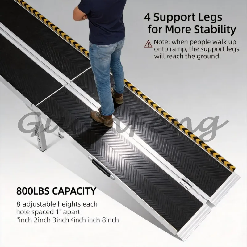 8 Ft Folding Non‑Slip Wheelchair Threshold Ramp, 800‑LBS Weight‑Capacity With Support Legs