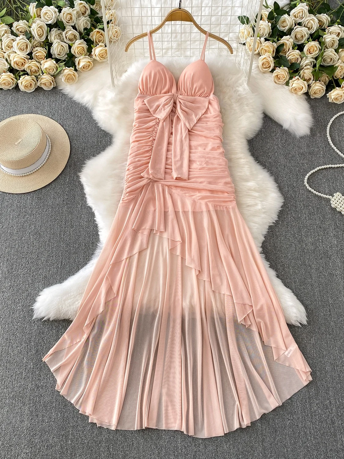 Ele Wind V-ne Band Dr Vrouwen Zomer Geplooide Me Afslanken Asymmetrische Lange Dr Koreaanse Sle Hoge Taille A-lijn Rok